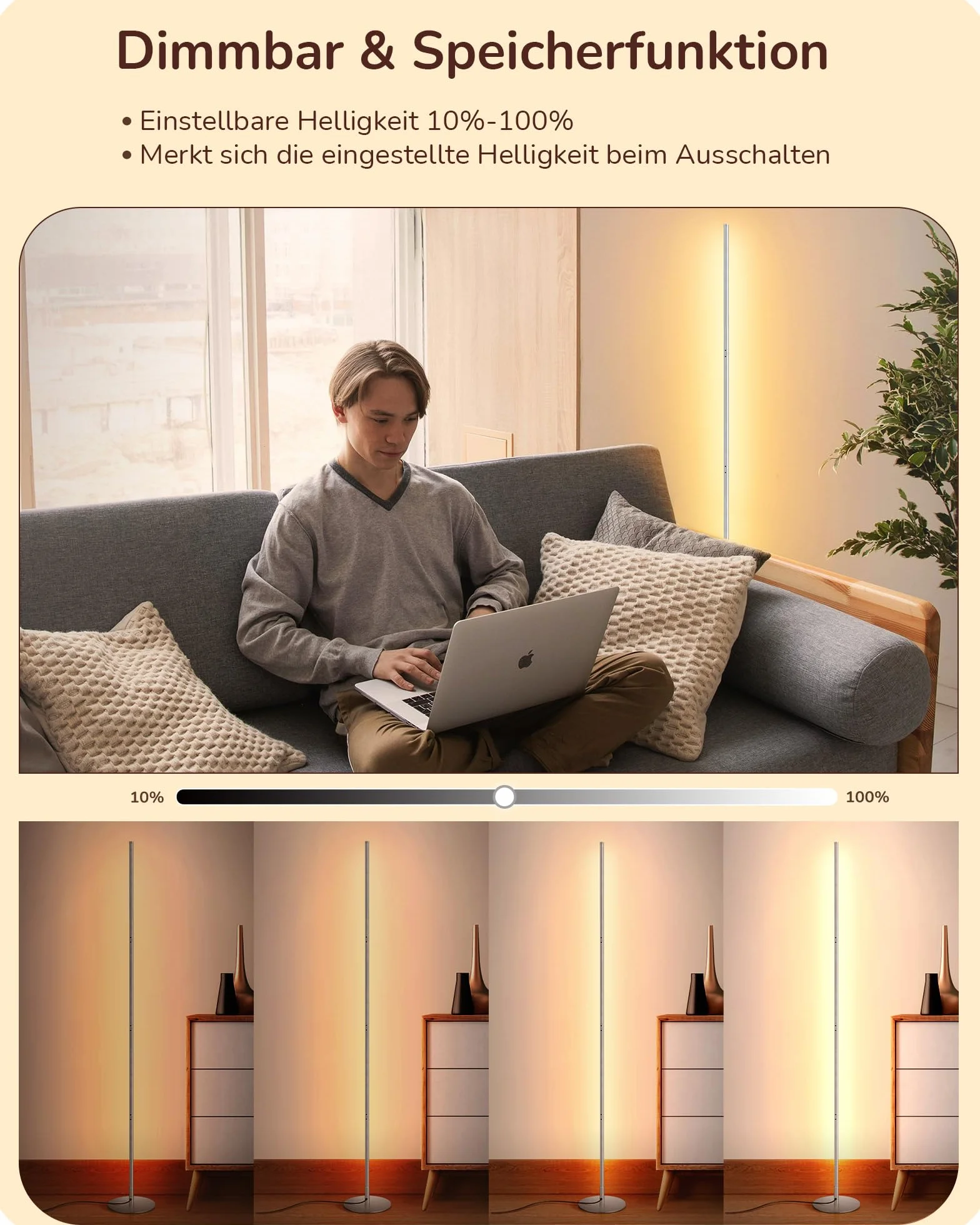 EDISHINE Lampa stojąca do salonu, lampa stojąca LED, ściemniana, 3000 K, ciepła biel, lampa stojąca z funkcją pamięci, regulacja wysokości 146 cm, nowoczesna lampa stojąca do sypialni i biura, srebrna