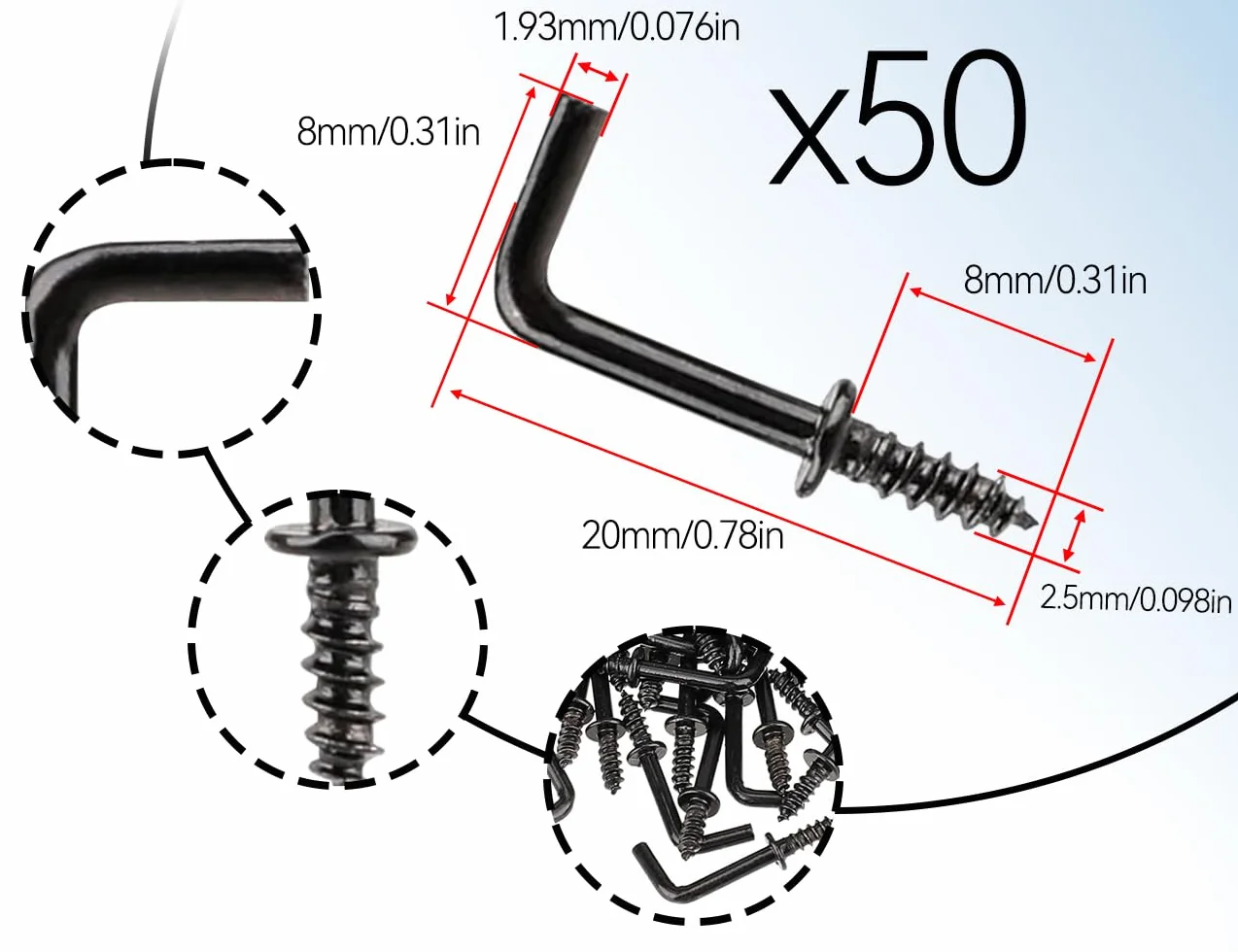 Haczyki śrubowe mini L 20x8 mm czarne, metalowe wkręty do wieszania, stabilne haki ścienne