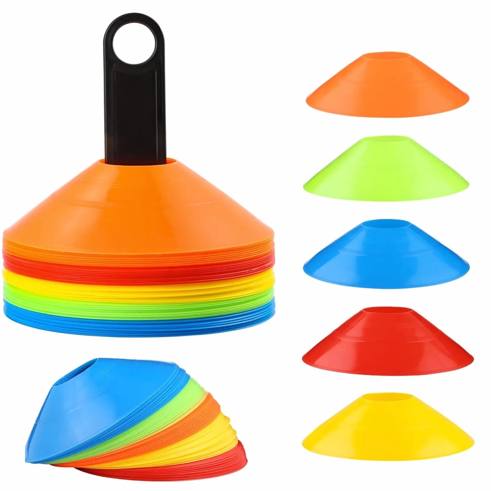 NUOOO Zestaw 20 stożków treningowych do piłki nożnej z uchwytem stożkowym, sprzęt treningowy stożki do treningu piłki nożnej, szyszki sportowe, stożki do piłki nożnej, zestaw do treningów, stożki do