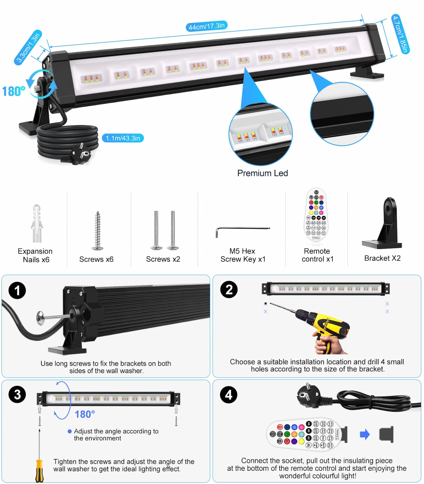 MEIKEE Reflektor RGB 42 W z pilotem, 360°, 10 kolorów, 30 trybów, timer, 6 poziomów jasności, LED
