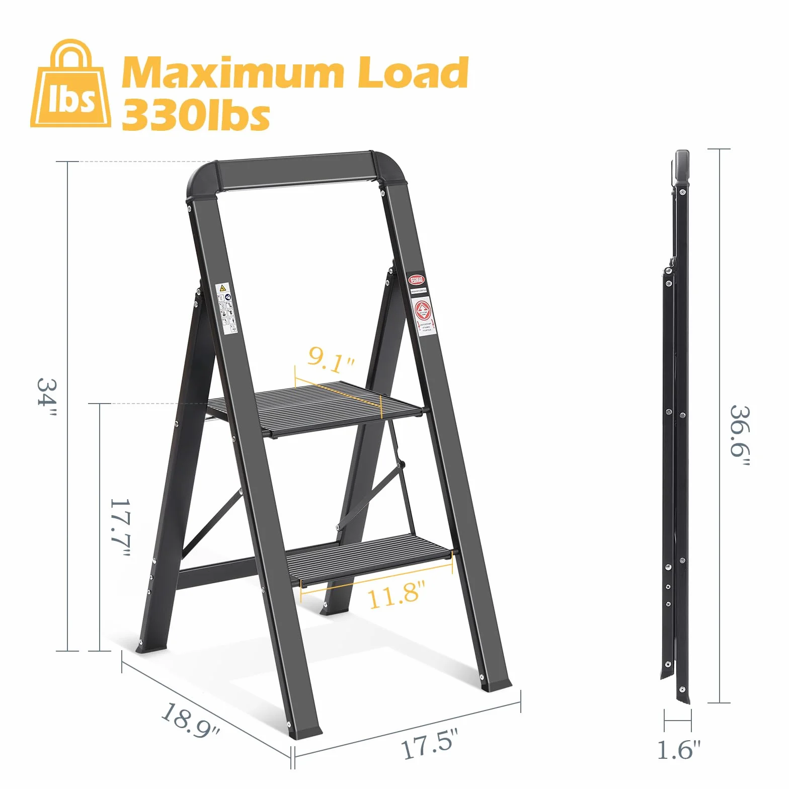 KINGRACK Drabina schodkowa 2 stopnie składana z poręczą antypoślizgowa aluminiowa 150 kg czarna