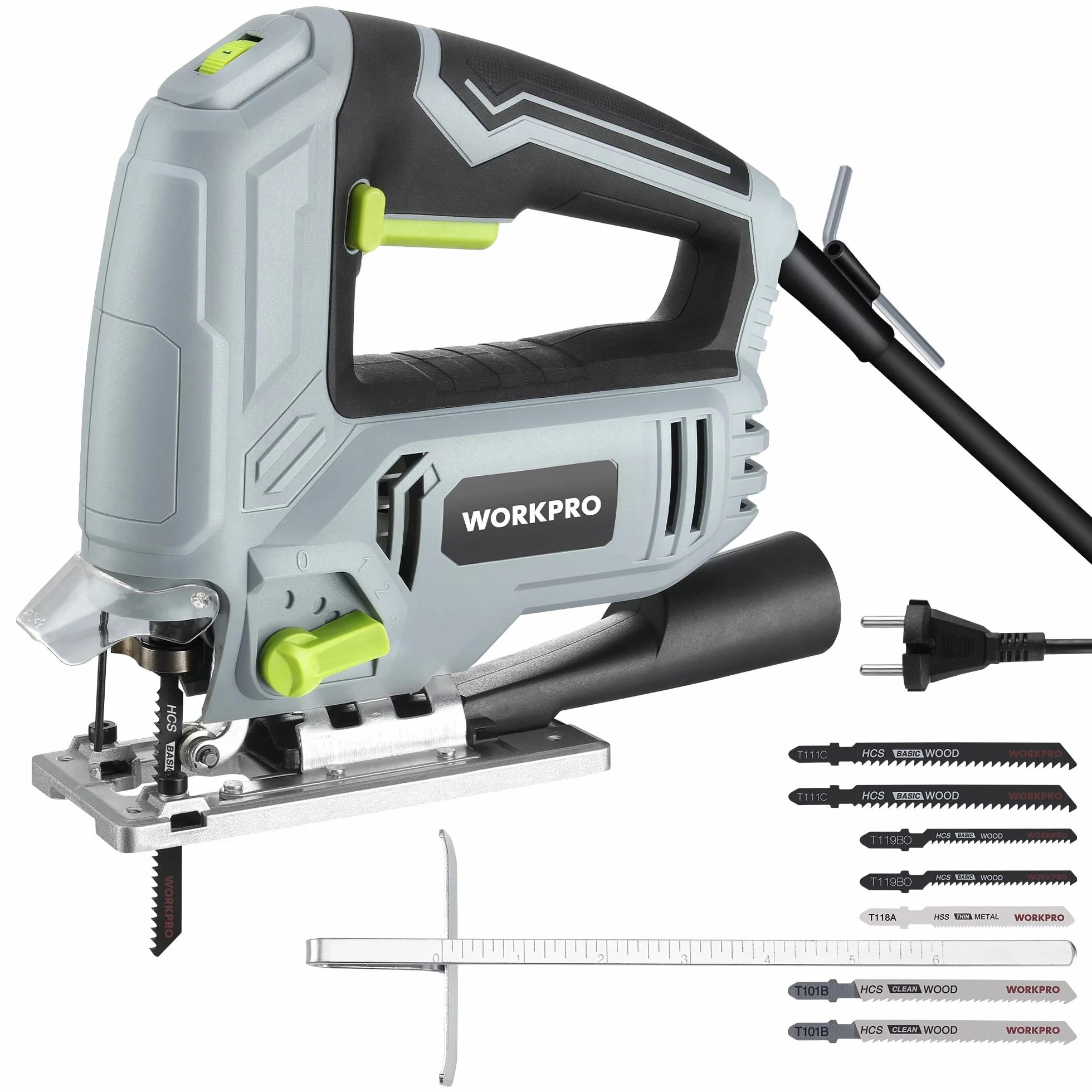 WORKPRO Wyrzynarka 600 W, 3000 SPM, 6 prędkości, 4 pozycje orbitalne, szybka wymiana ostrza, wydmuchiwanie kurzu, kąt cięcia ±45°, zestaw z rurą odpylającą i linijką prowadzącą, 7