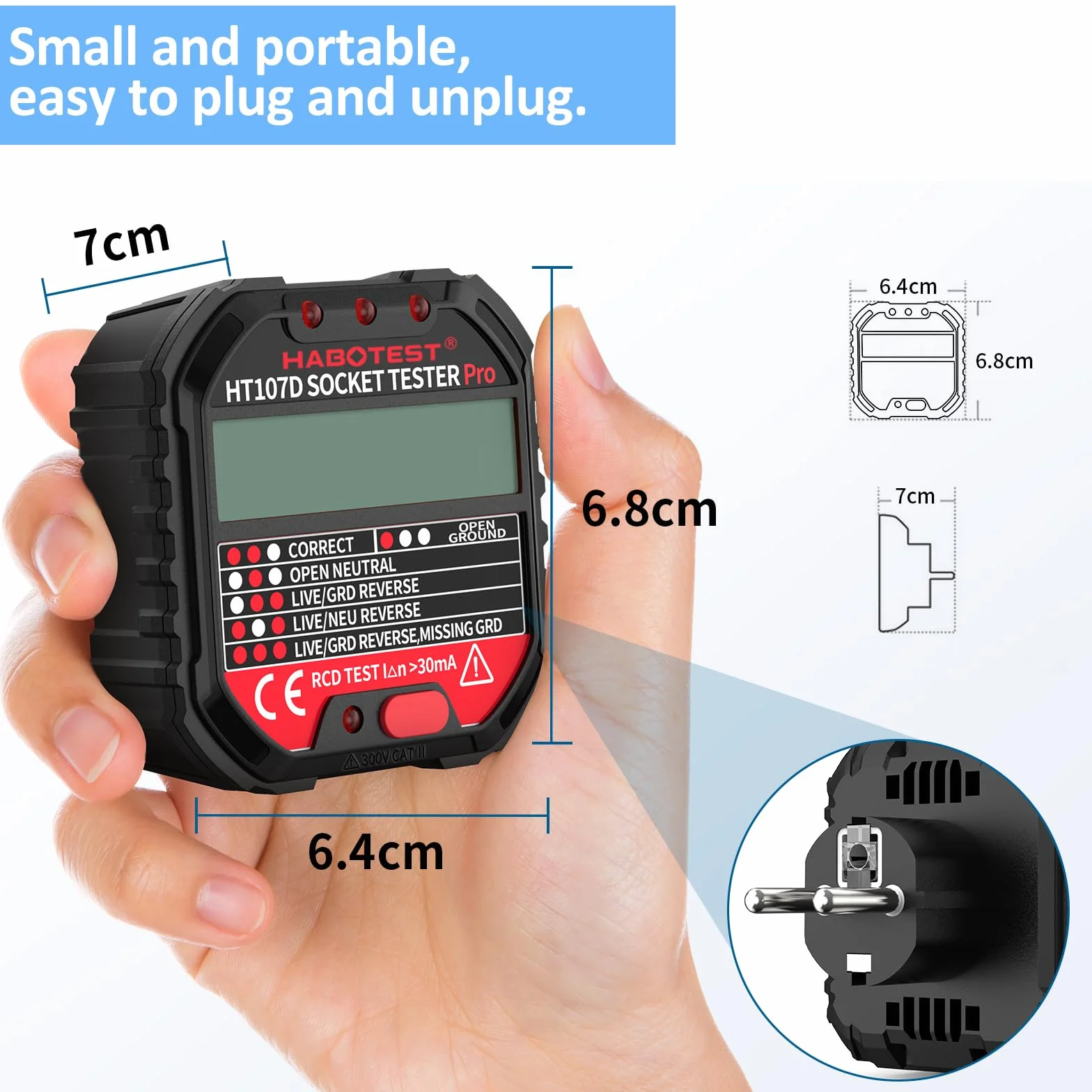 YOJOCK Tester gniazd, Tester Wtyczek RCD, tester napięcia elektrycznego z wyświetlaczem LCD, CAT.II 300V
