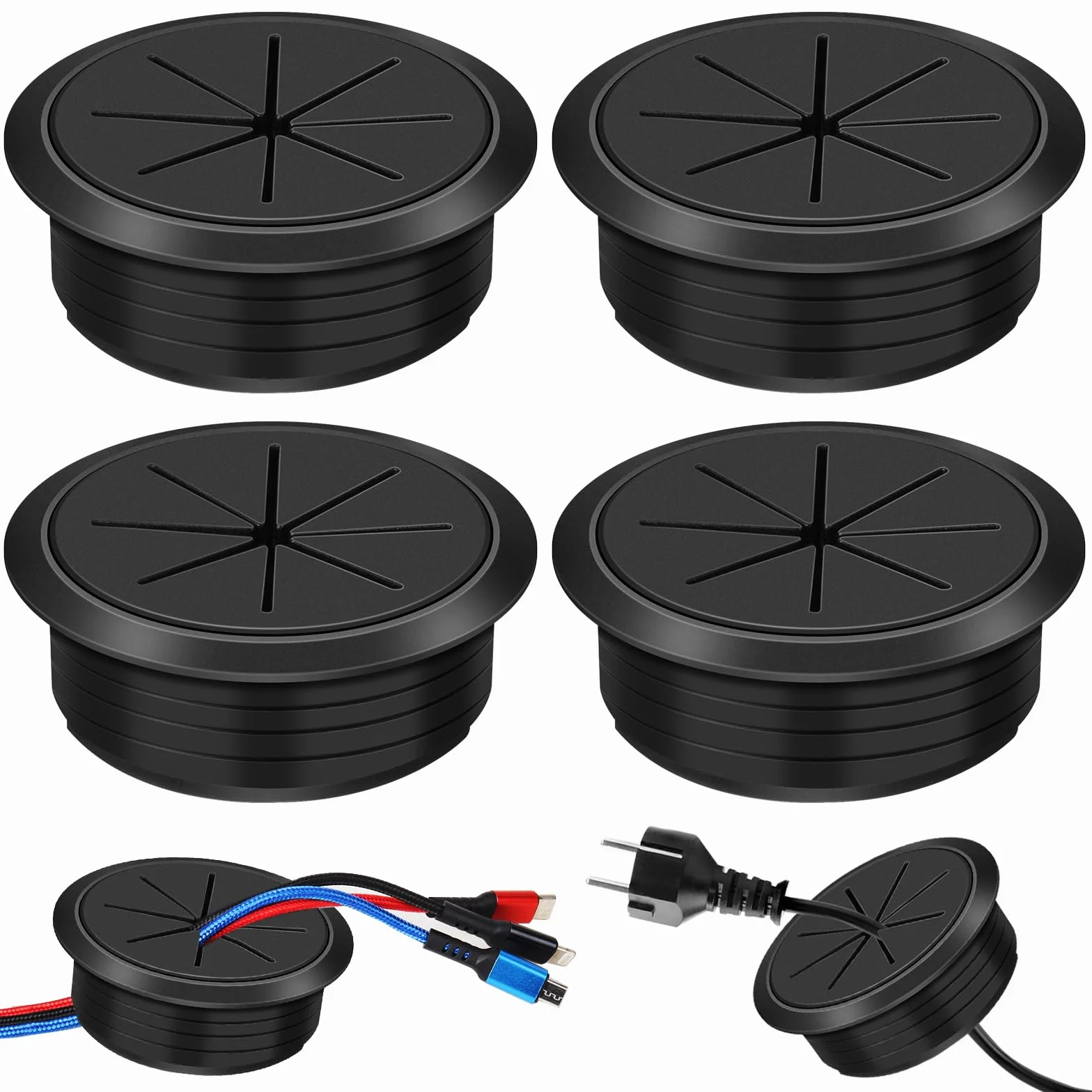 4 sztuki, średnica 60 mm, tworzywo sztuczne, elastyczne przepusty kablowe, przepusty kablowe, przepusty kablowe, tworzywo sztuczne, do biurka, biura, blatów roboczych, czarne