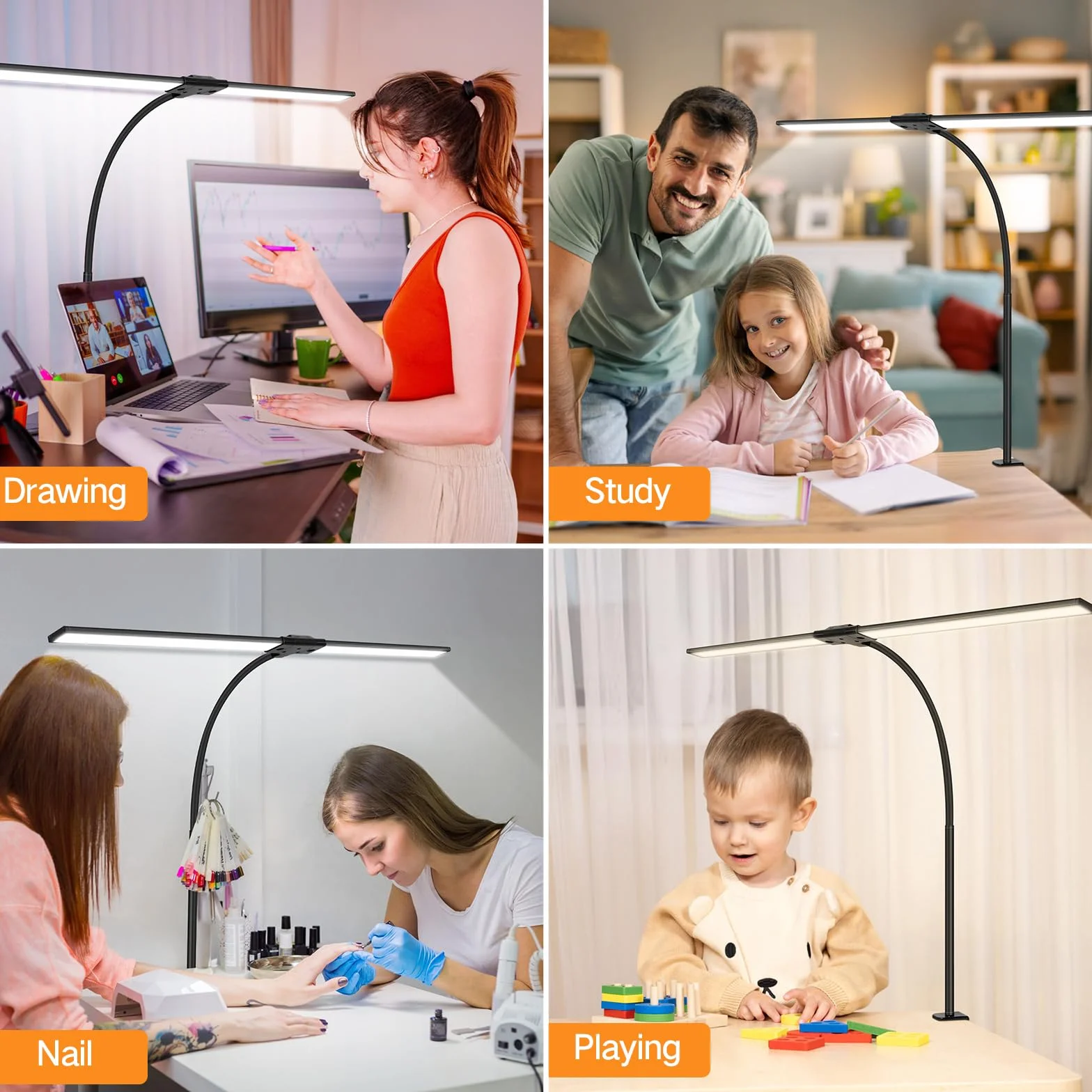 OUTON 85,5 cm Podwójna Głowica LED Lampa Biurkowa 24W Dotykowe Sterowanie Ochrona Oczu Czarna