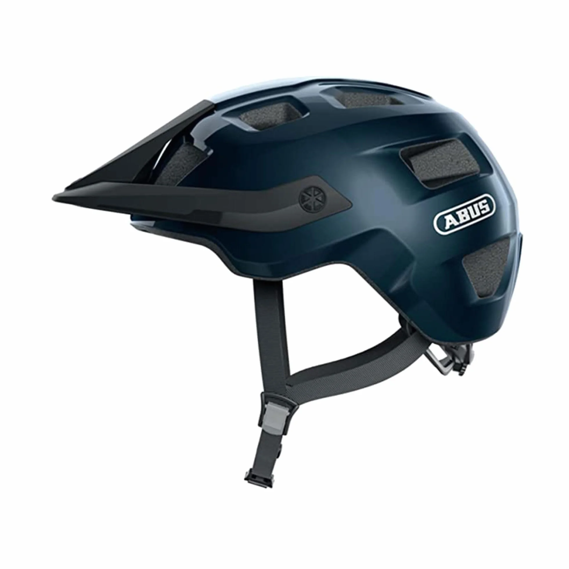 ABUS Kask MTB MoTrip – wytrzymały kask rowerowy z daszkiem o regulowanej wysokości dla rowerzystów górskich – indywidualne dopasowanie – unisex – niebieski błyszczący, rozmiar L