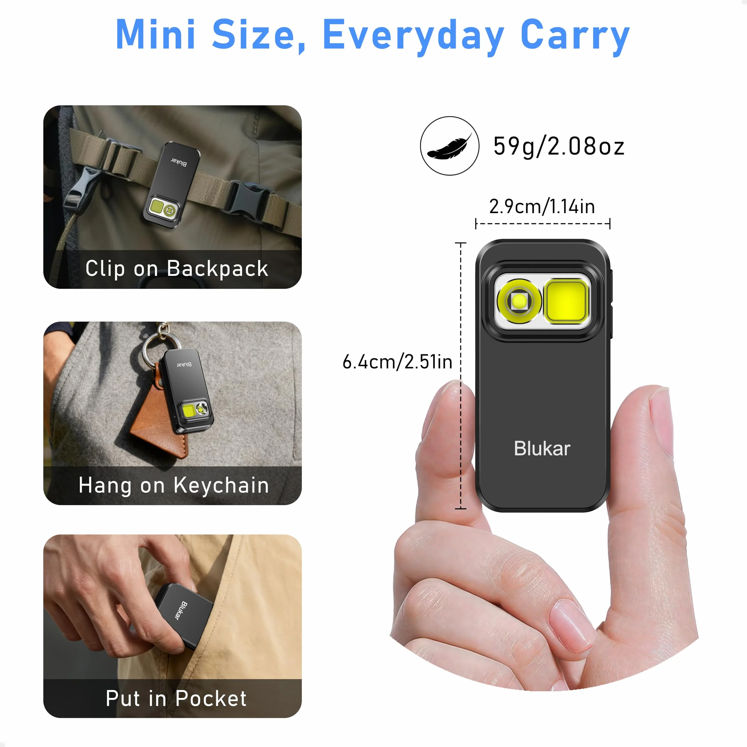 Blukar Latarka LED Ładowana Mini EDC z Klipsem 3 Źródła Światła 5 Trybów Wodoodporna Kompaktowa