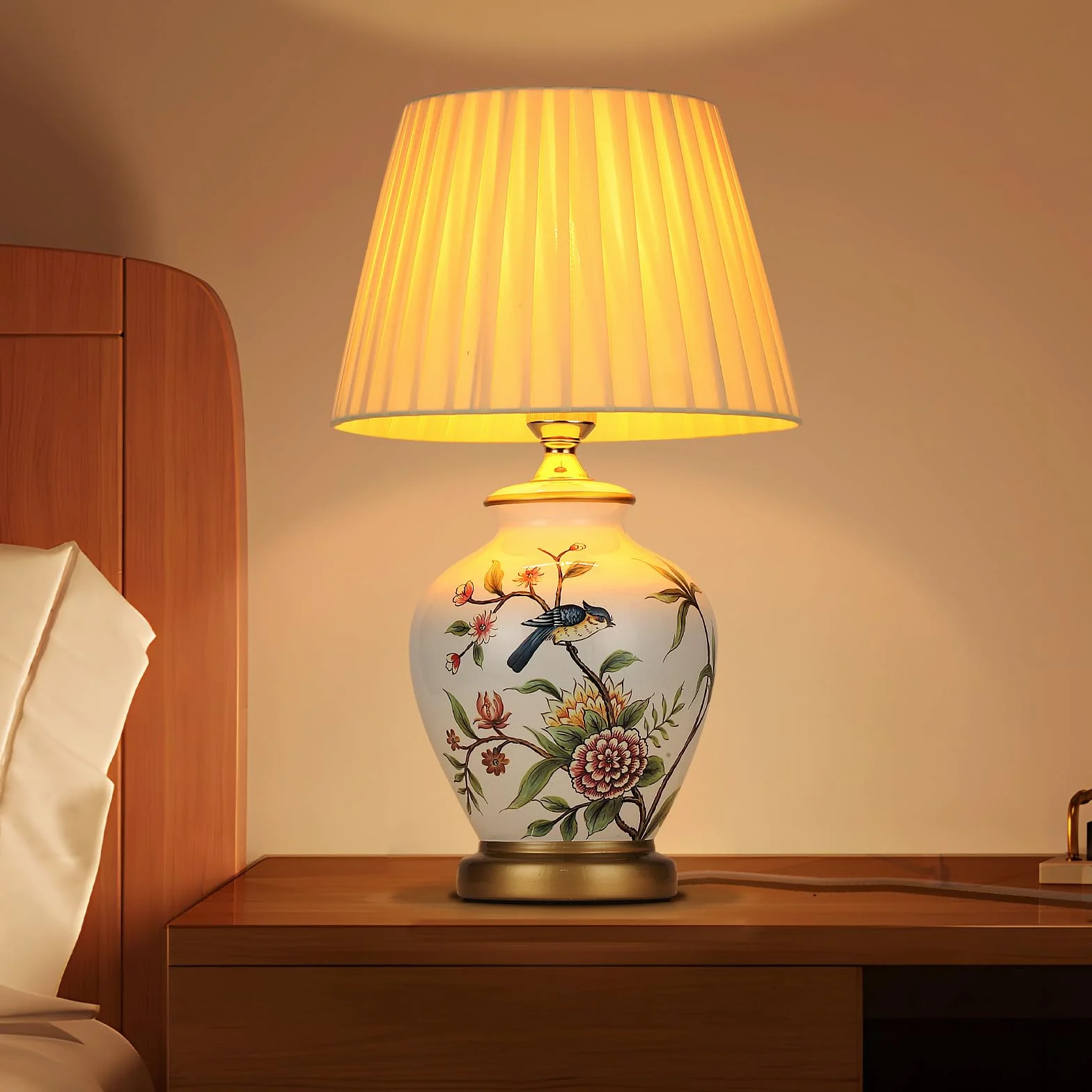 Ceramiczna lampa stołowa E27 biała tkanina nowoczesna vintage do salonu sypialni