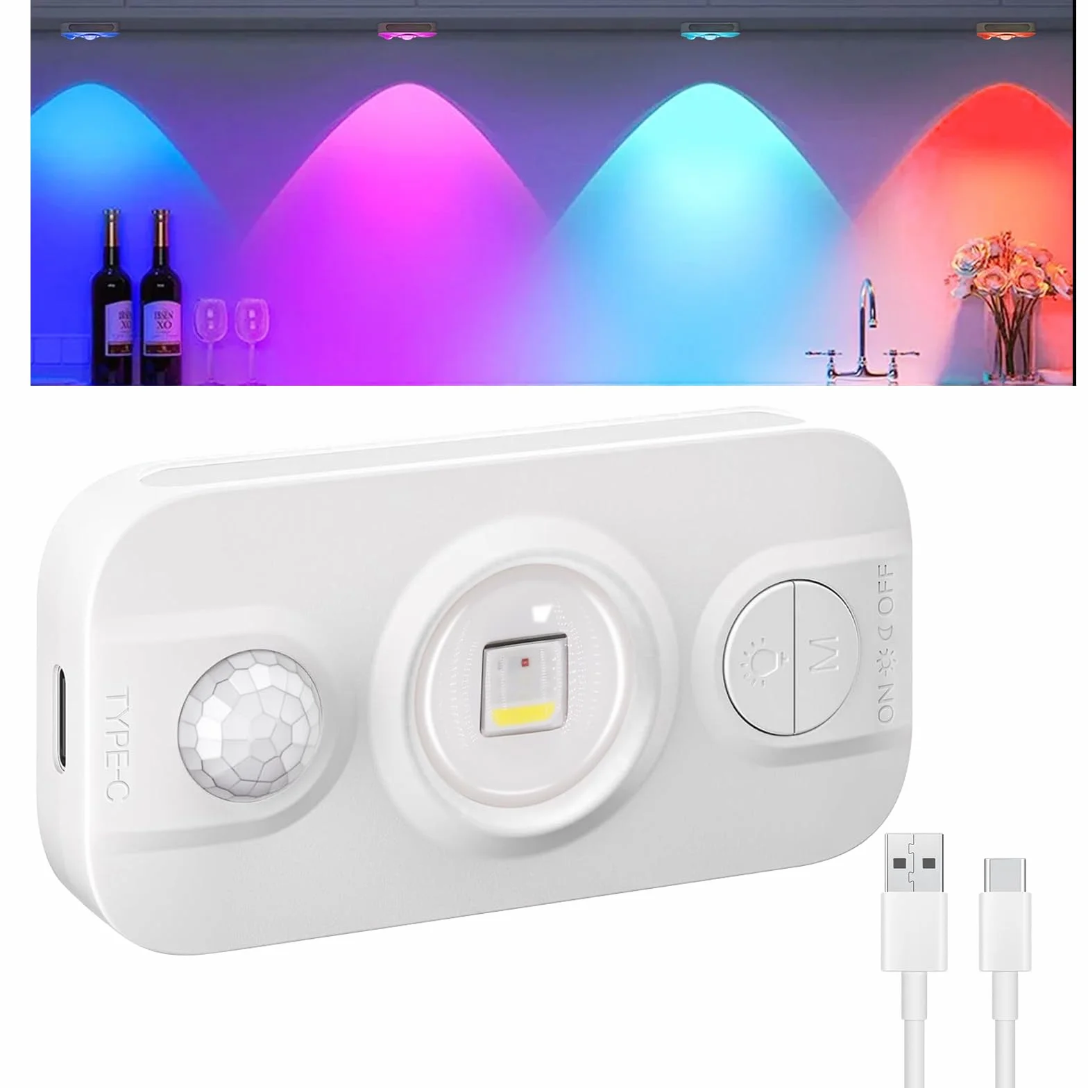 Auting Oświetlenie szafy z czujnikiem ruchu, 7 kolorów, mini oświetlenie witryny LED z timerem, ładowanie przez USB, ściemniana, ciepła biel, lampka nocna do sypialni, oświetlenie schodów, kuchni