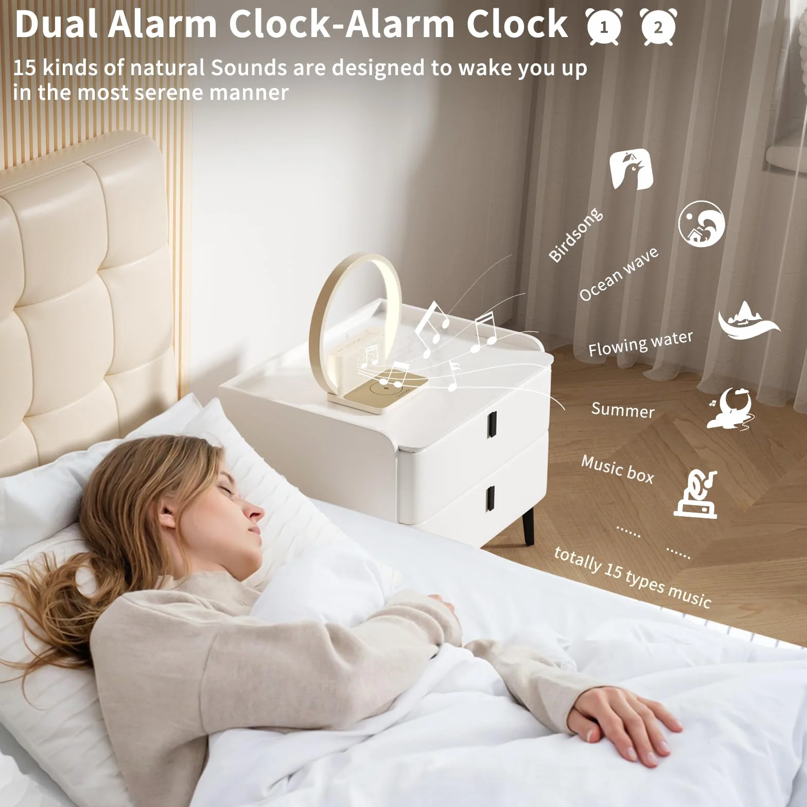 Blonbar Lampka nocna z budzikiem świetlnym Wake Up Light, bezprzewodowa ładowarka 10 W, dotykowa ściemniana, 3 poziomy jasności