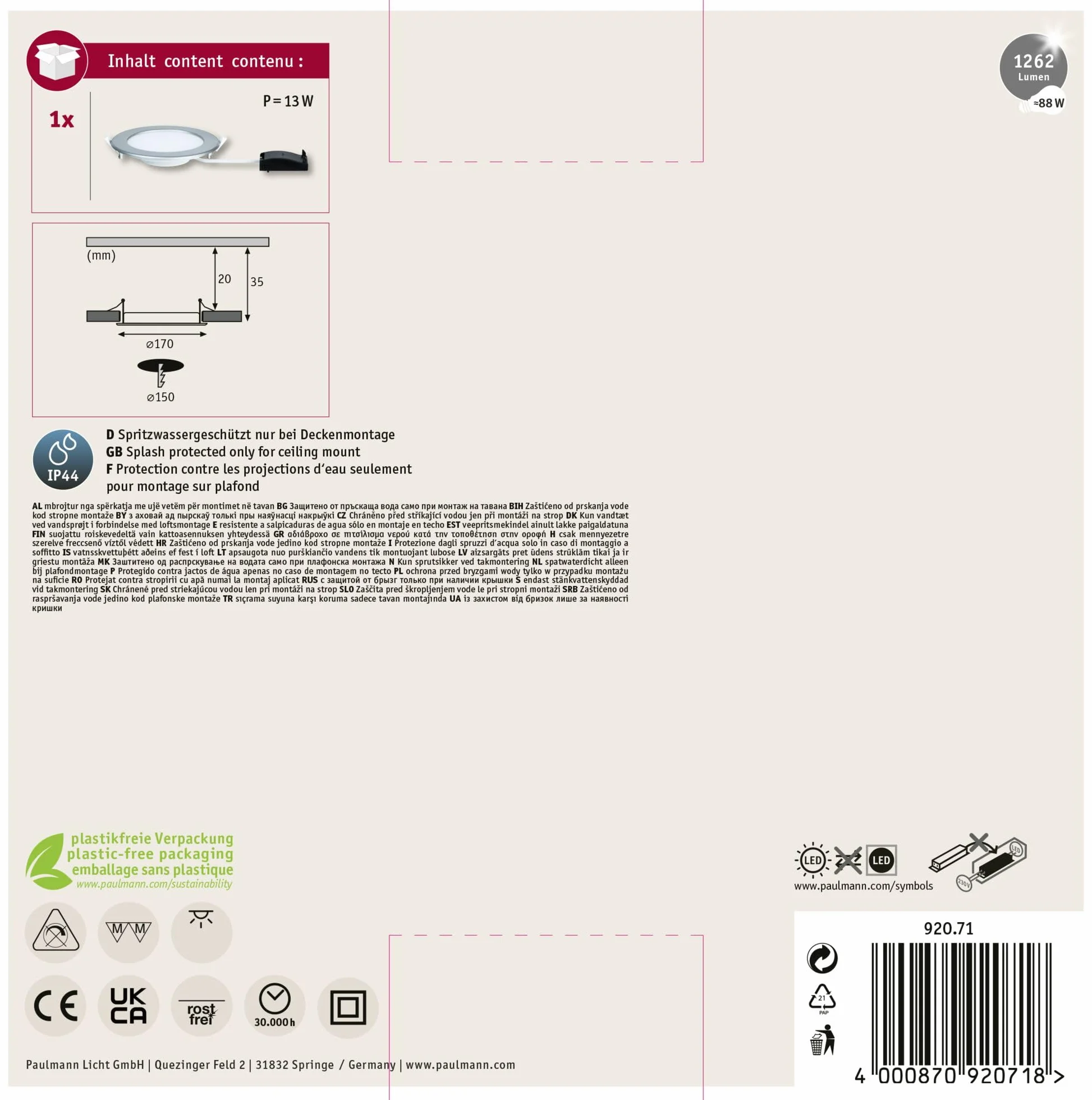 Paulmann 92071 Panel LED do wbud.okr. opr.sufit. 12W 4000K neutr.białe chrom mat. IP44