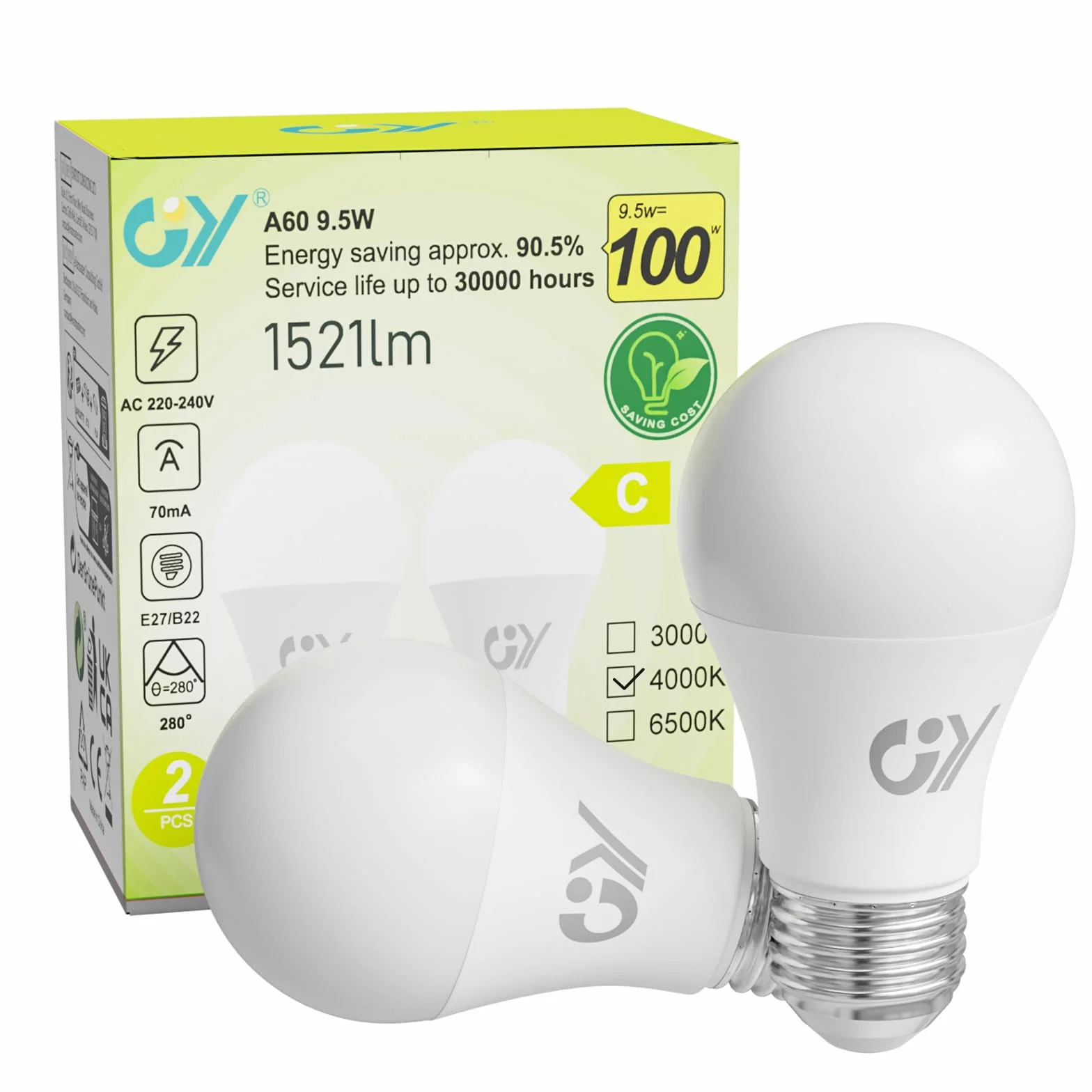 Żarówka E27 LED 9,5W 1521LM 4000K Neutralna Biała Kąt Wiązki 280° Nieściemniane Matowe CRI>80 Odpowiednik 100W Pakiet 2 Sztuk