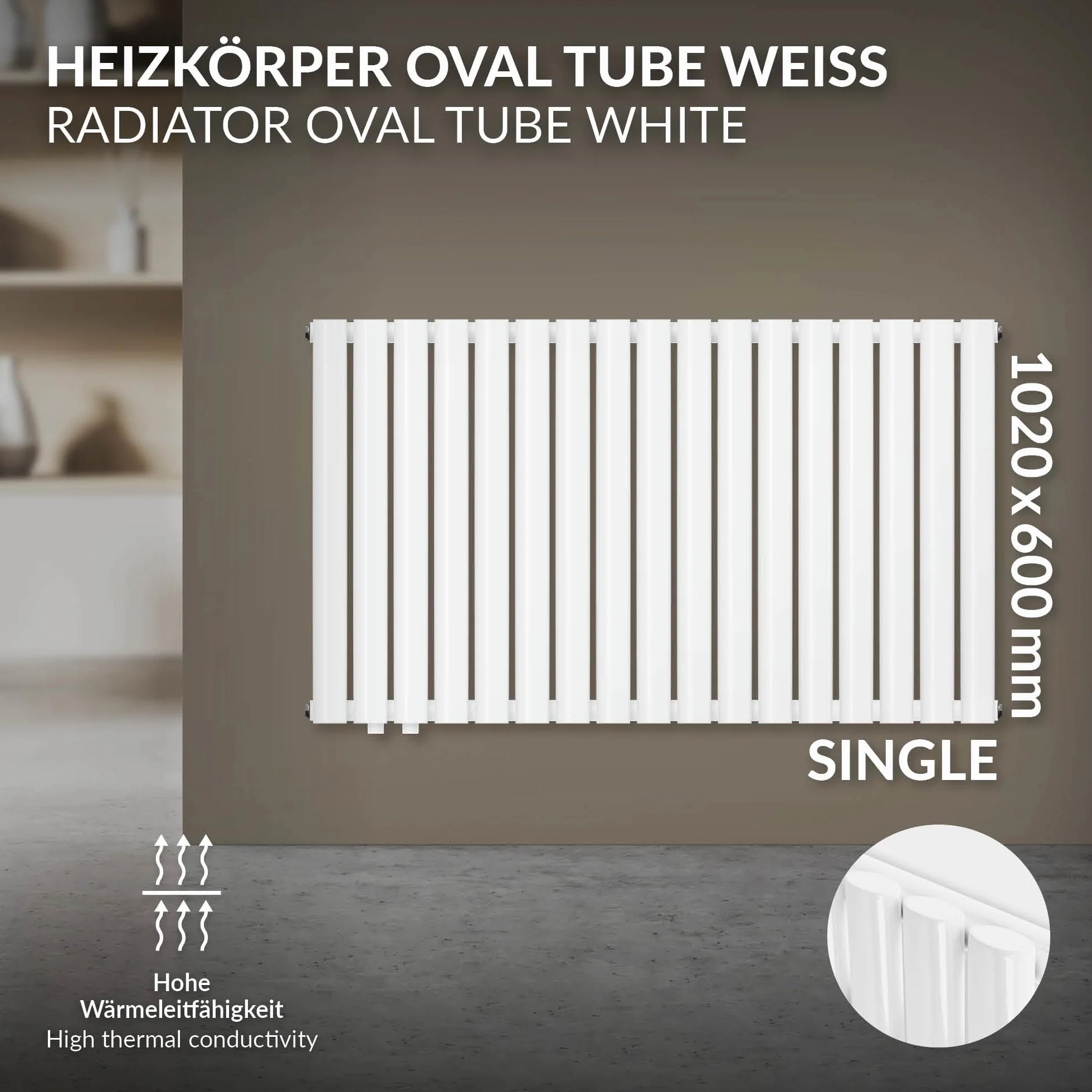 ML-Design Grzejnik Panelowy 600 x 1020 mm Biały Jednowarstwowy Płaski Owalne Rurki Łazienkowy