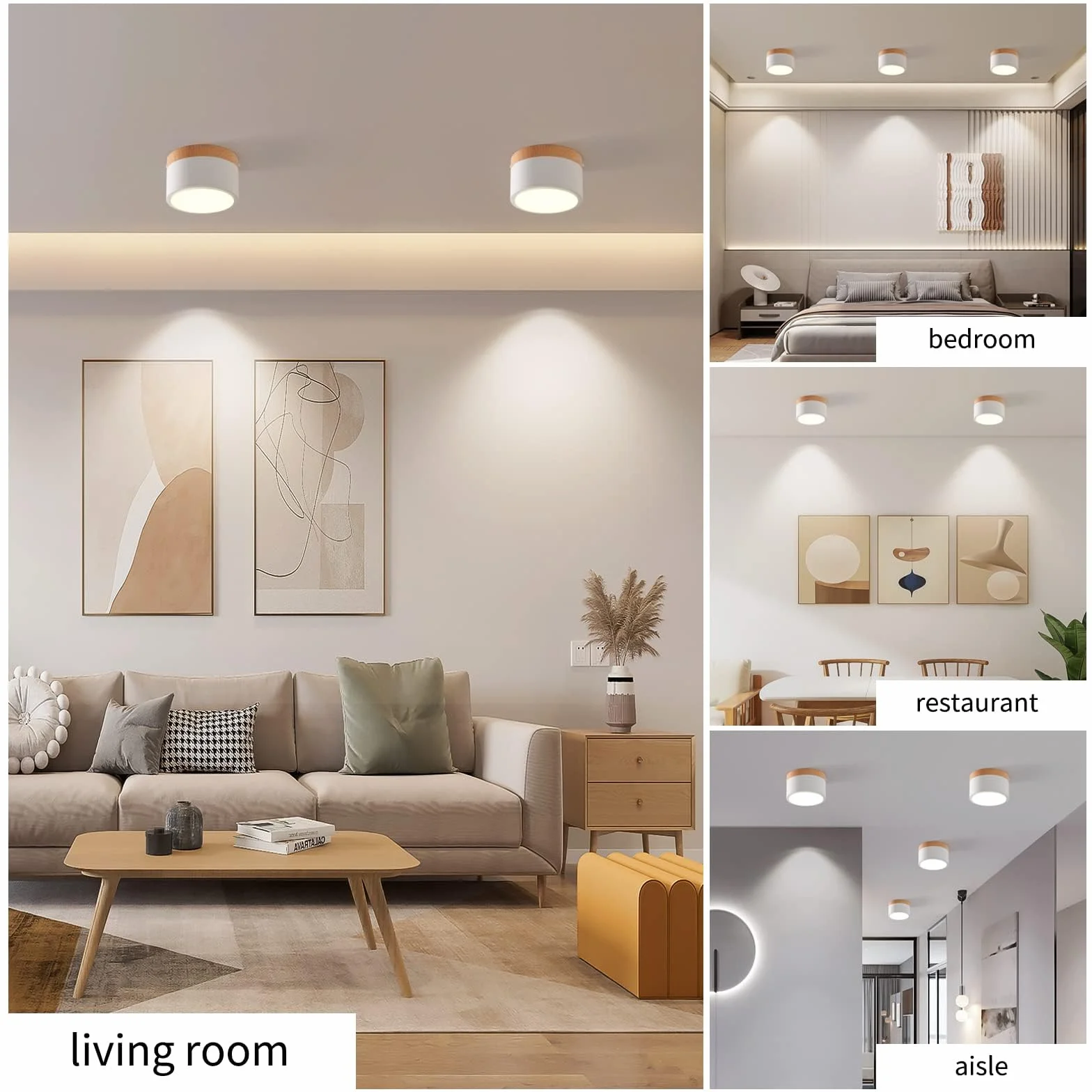 Lampa Sufitowa LED, Reflektor Natynkowy Dekor Drewniany, Mini Okrągła Biała Lampa Sufitowa, Ciepła Biel 3000 K, 12 W.