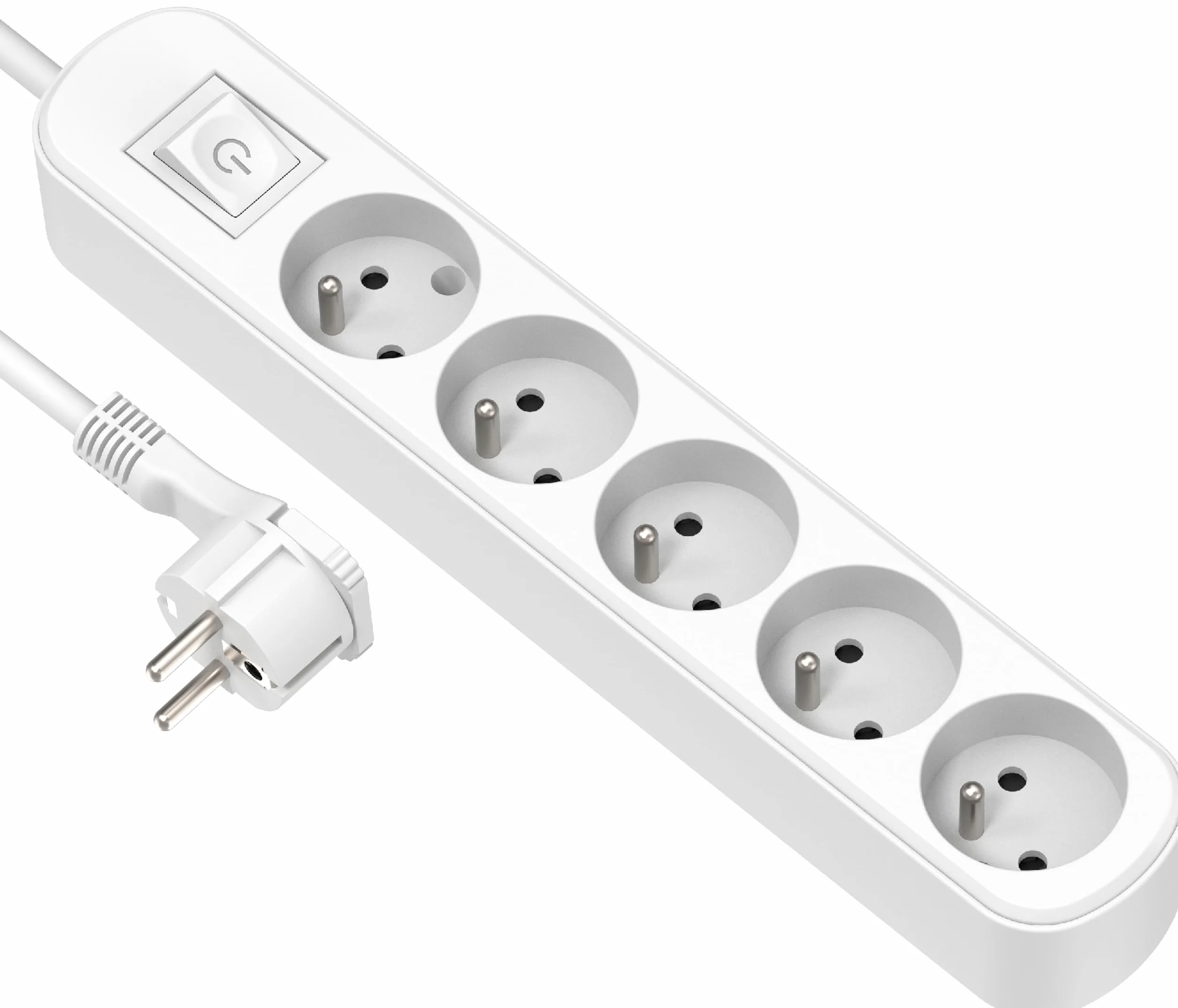 Electraline blok 5-rzędowy z przełącznikiem i wtyczką płaską 1,5 m biały