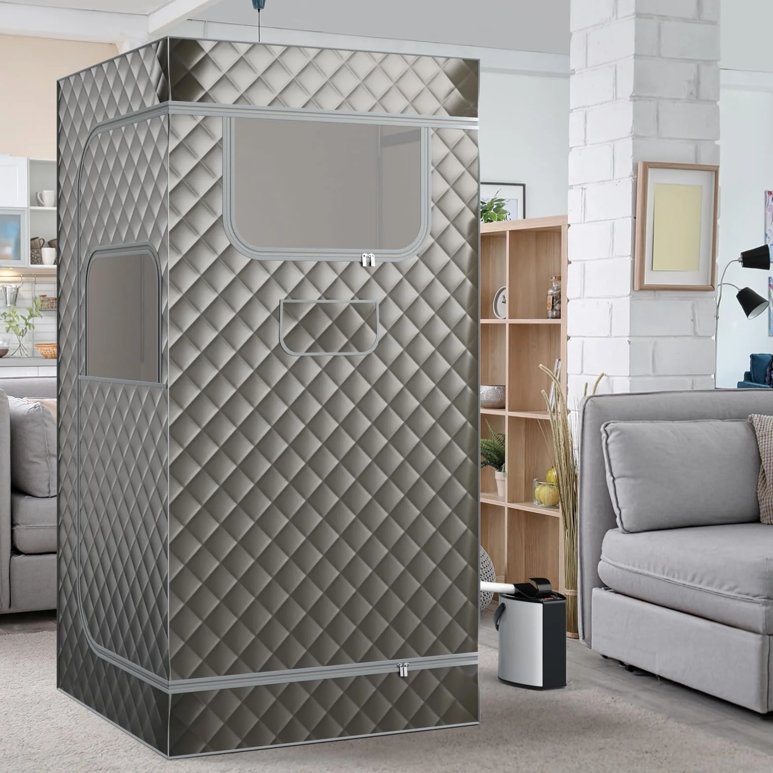 COSTWAY Sauna parowa do domu z generatorem pary 3L, pilotem, masażerem stóp, krzesłem 91x91x183 cm