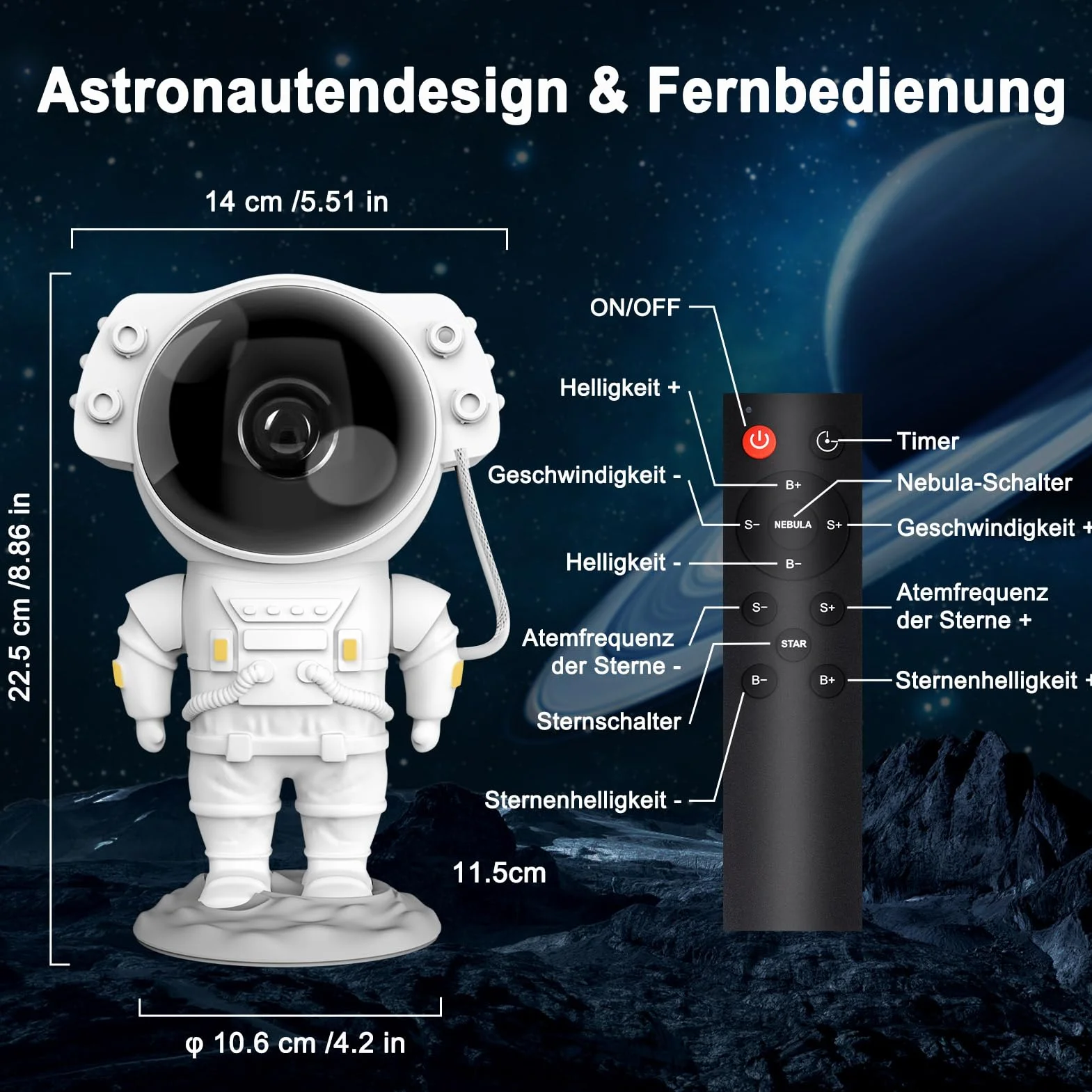 Nigecue Astronaut LED Projektor Gwiazd z Pilotem, Nocna Lampa Projektująca Gwiazdy z Timerem, LED Lampa Projektor do Sypialni, Kina Domowego, Imprez, Domu