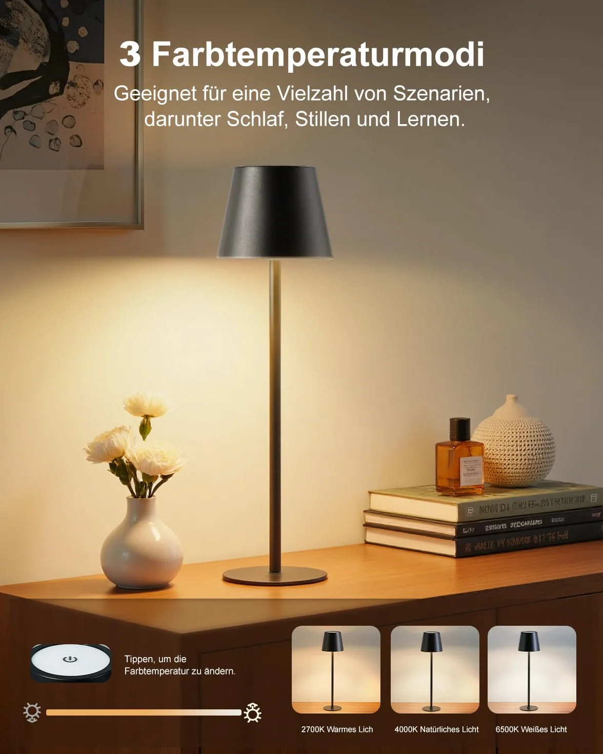 Bonsery Bezprzewodowa lampa stołowa LED 5200 mAh USB 2 wysokości 3 temperatury barwowe 2700-6500 K wodoszczelna metalowa dotykowa ściemniana