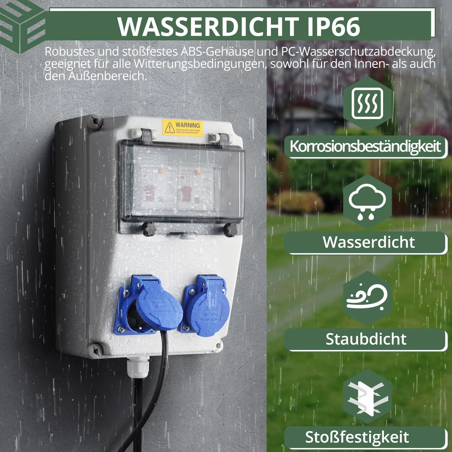 EYPINS Rozdzielacz prądu budowlanego ścienny 2 x 230 V gniazda Schuko 16 A IP66 ognioodporny ABS