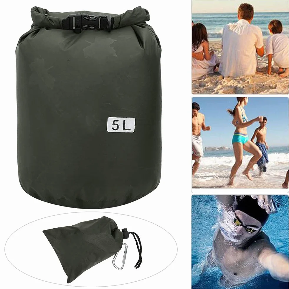 Alomejor PVC Outdoor składana wodoszczelna torba do przechowywania na kemping, wędrówki, plażę, z klamrą do wspinaczki górskiej, Nadruk w kolorze zielonym, 5 l