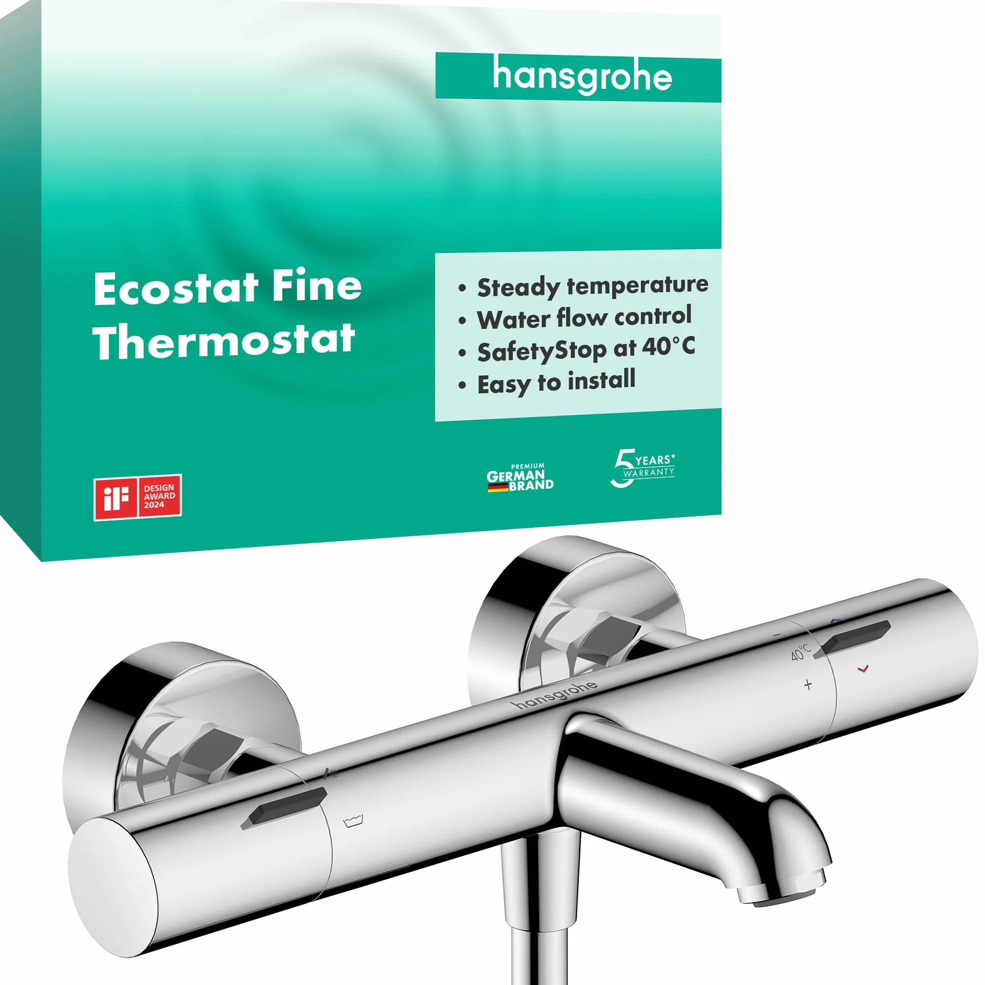 hansgrohe Ecostat Fine - bateria termostatyczna wannowa natynkowy z EcoStop+, chrom, 13325000