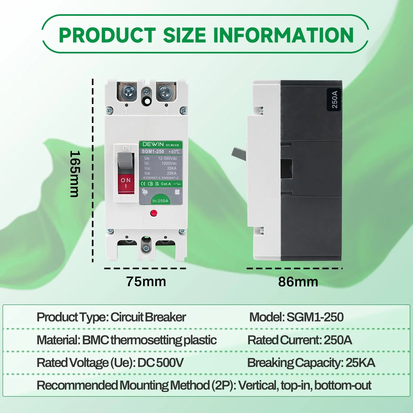 DEWIN Wyłącznik prądu stałego 250A DC MCCB 2P 500V
