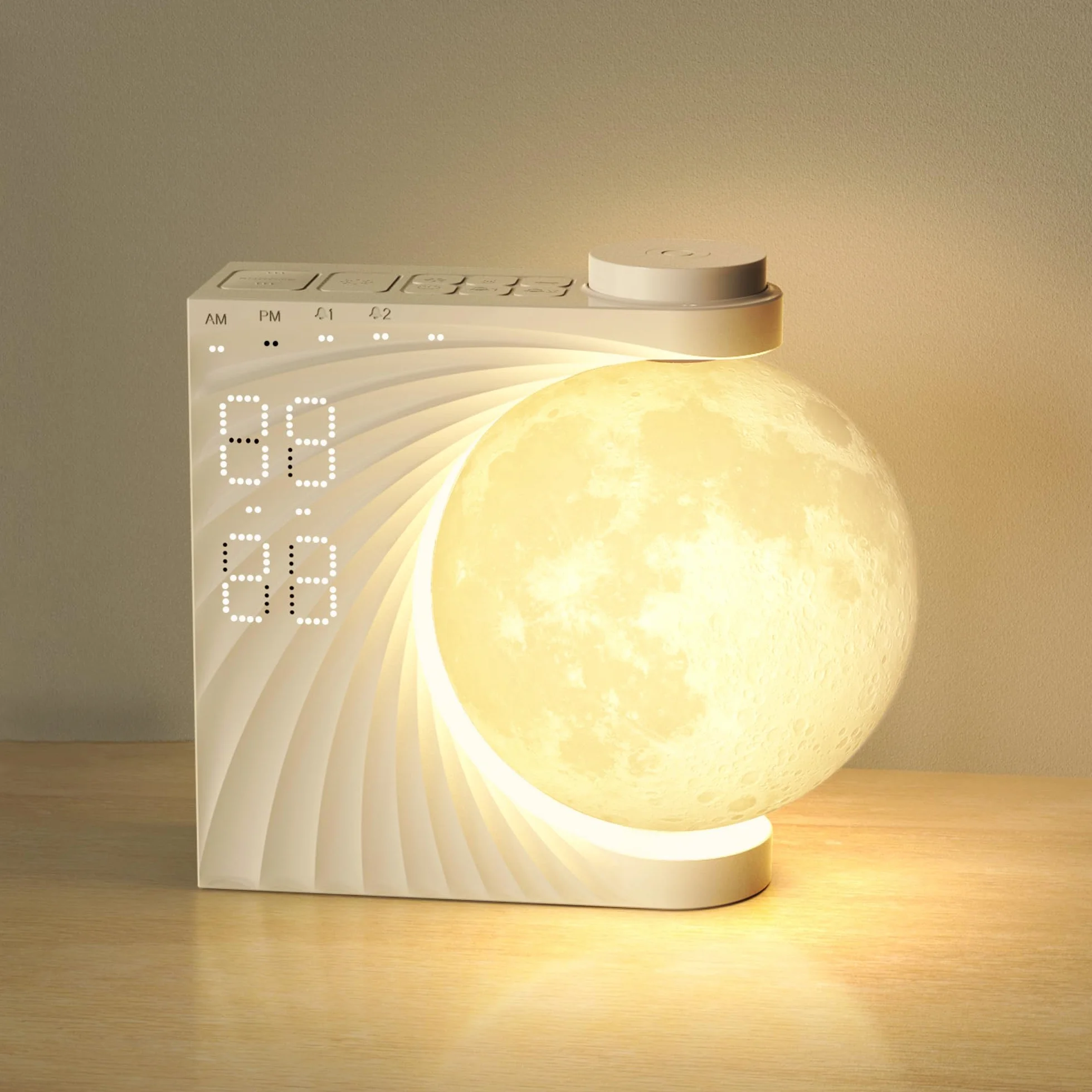 Lampa księżycowa ze świecącym budzikiem LED, 8 kolorów, podwójny alarm, drzemka, 10 dźwięków