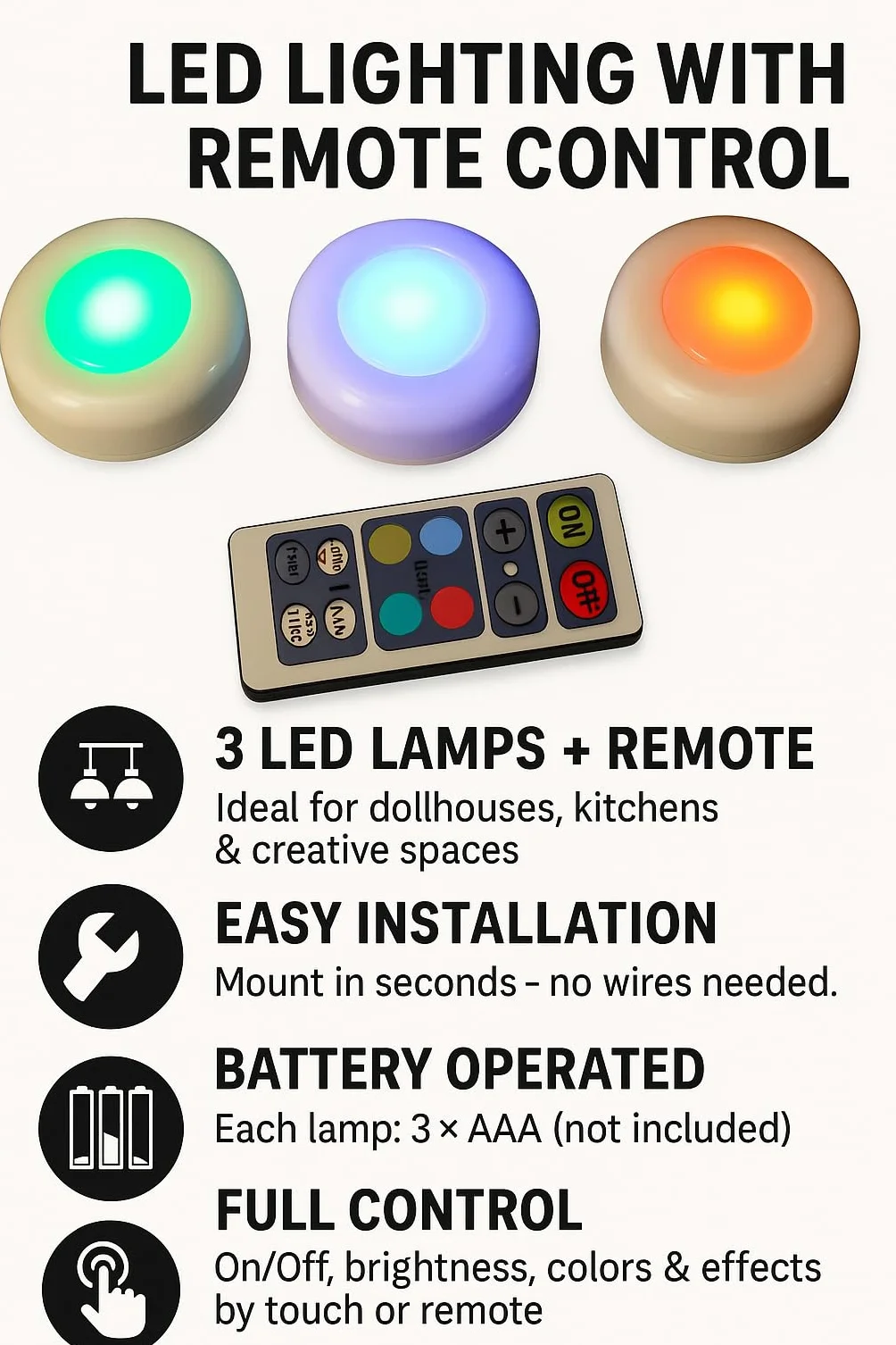 Leomark Zestaw lampek LED z pilotem zdalnego sterowania – 3 małe lampy LED, zmiana koloru