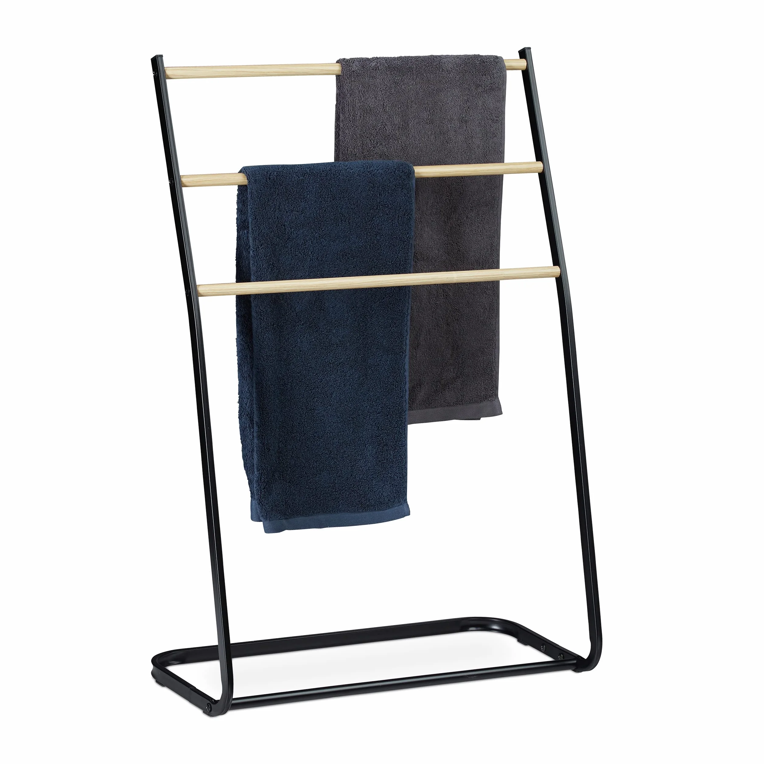 Relaxdays Wieszak na ręczniki stojący metal 3 szczeble o wyglądzie drewna 86 x 58 x 30 cm czarny