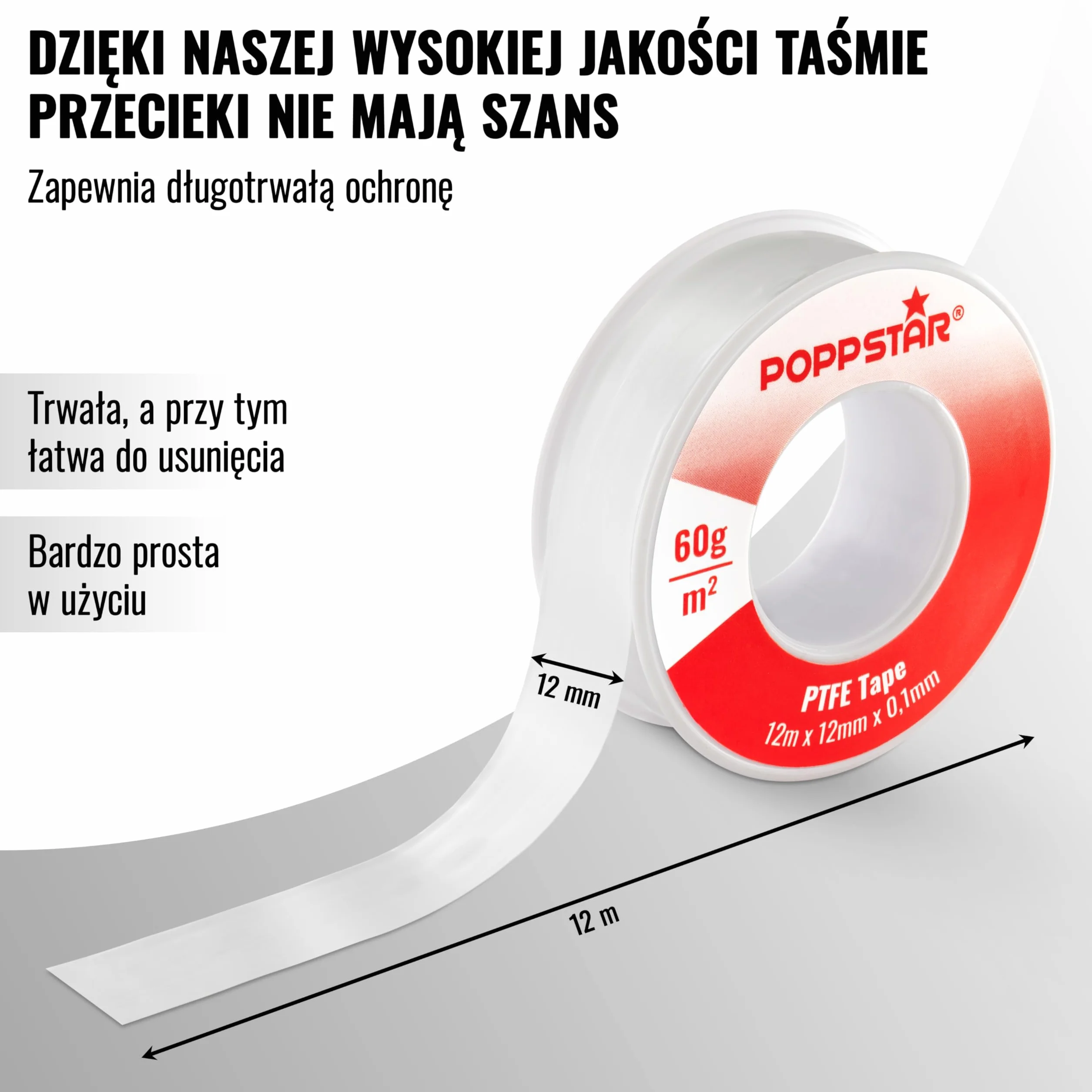 Poppstar taśma teflonowa 12 m x 12 mm x 0,1 mm PTFE uszczelniająca do gwintów