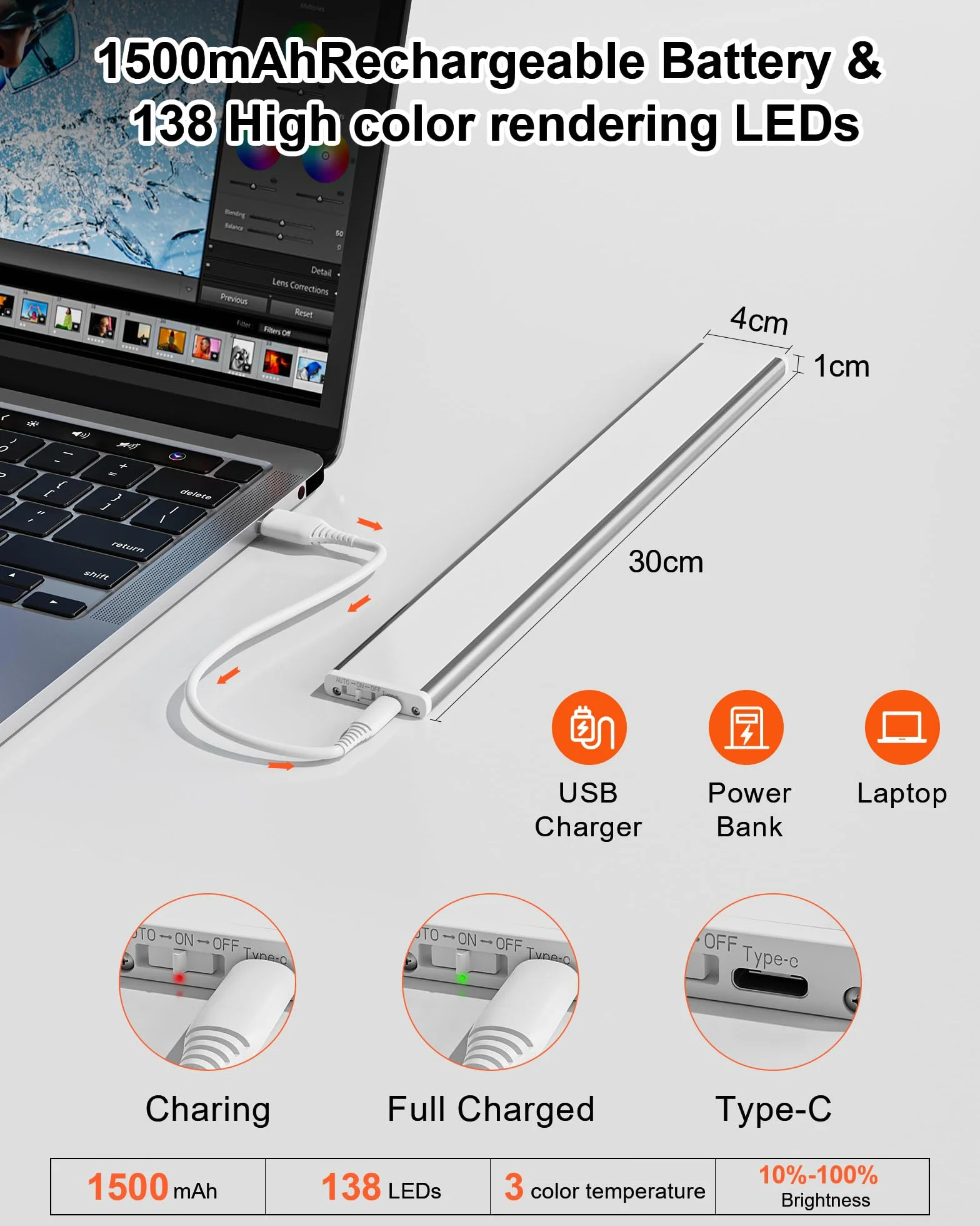 Mexllex Lampa podszafkowa LED 138 diod 1500 mAh 30 cm czujnik ruchu 2 sztuki