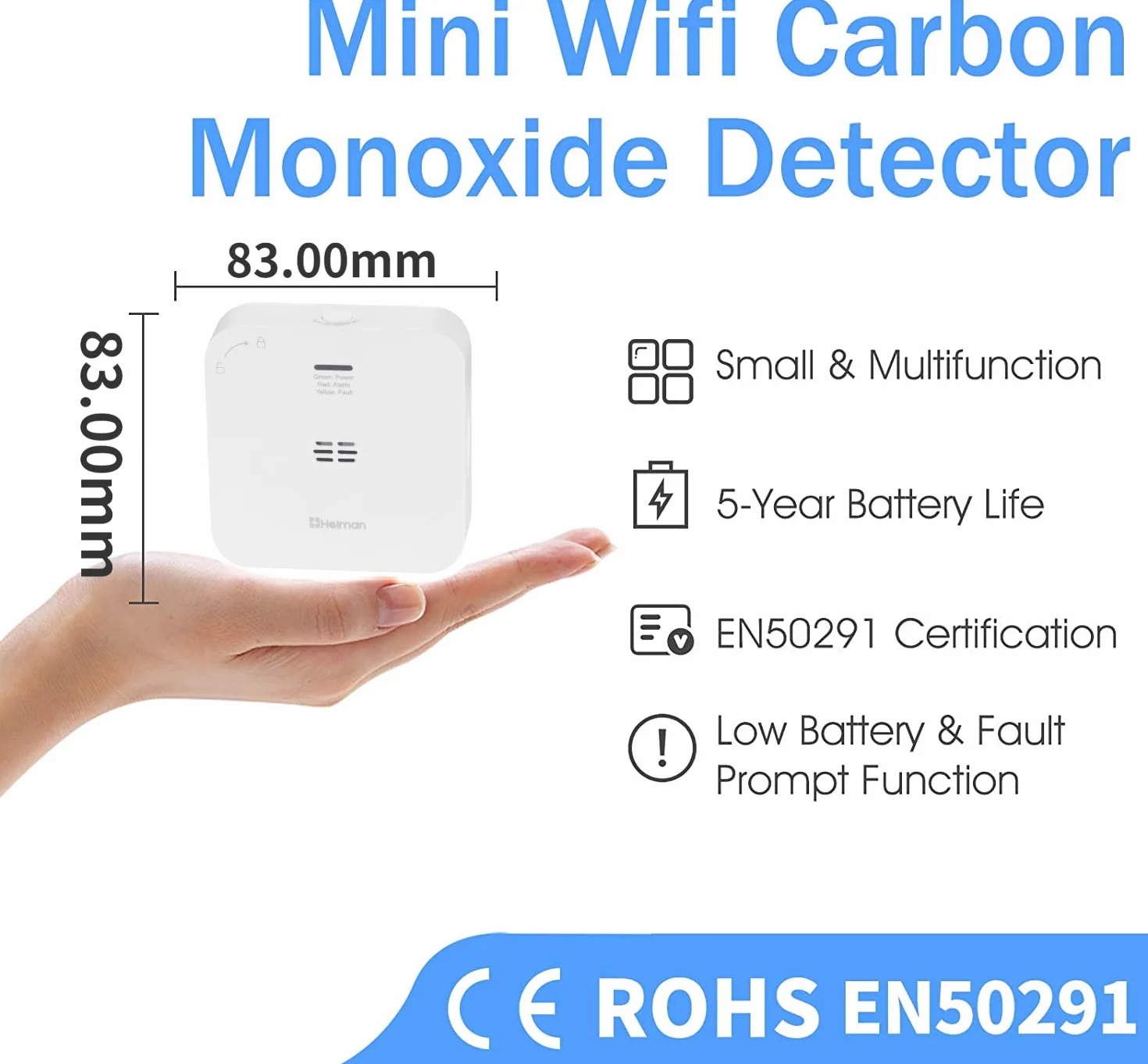 Heiman czujnik tlenku węgla CO WiFi 10 lat certyfikat TÜV EN 50291 biały