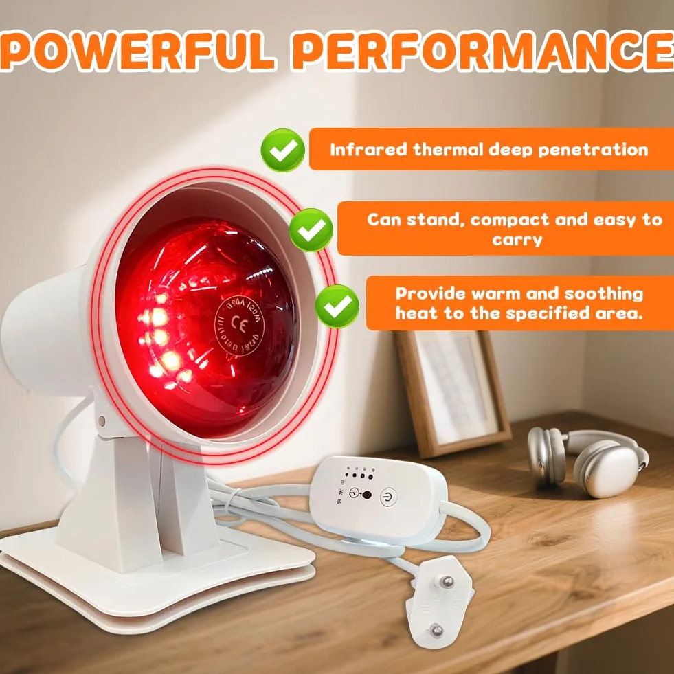 Lampa na podczerwień 150 W, czerwone światło, lampa grzewcza z timerem i regulowaną temperaturą, czerwone światło, terapia twarzy i ciała, głębokie ciepło zapobiegające zmęczeniu mięśni, regulowany