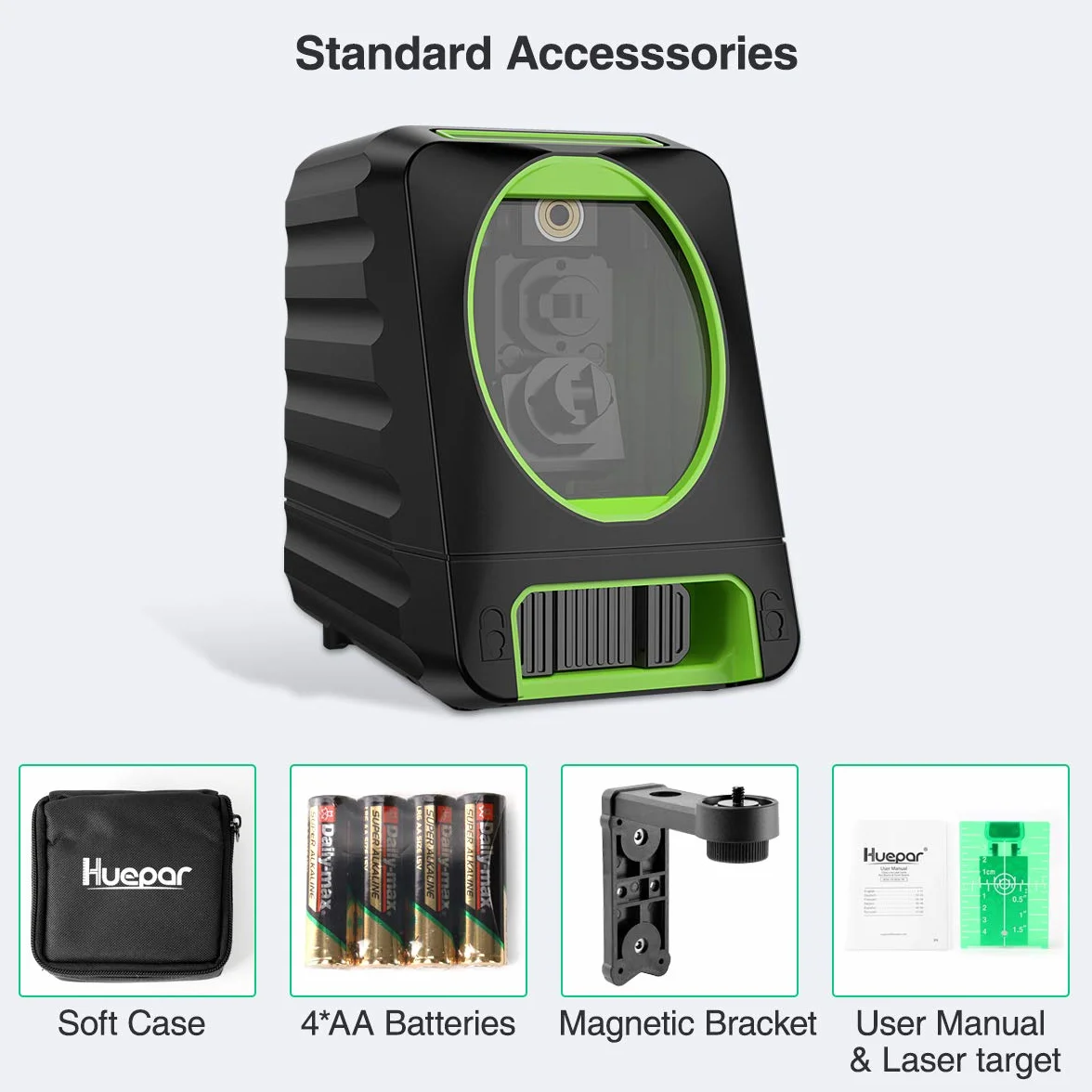 Huepar BOX-1G Laser krzyżowy zielony samopoziomujący zasięg 25 m H130° V150°