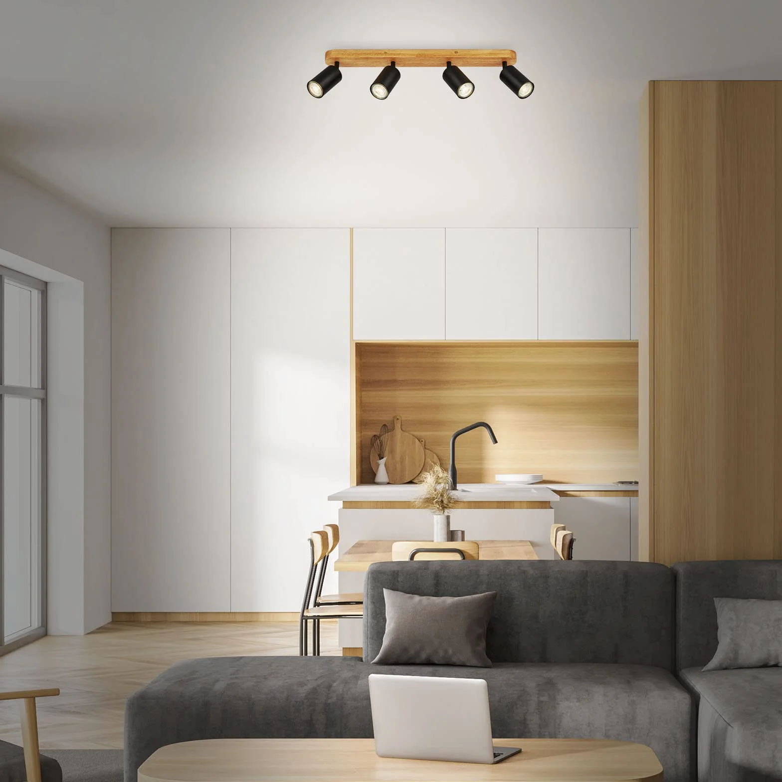 BRILONER - lampa sufitowa retro z drewna, 4 lampy sufitowe vintage, 4x gniazdo GU10, regulowany spot LED, rustykalny spot sufitowy, czarne drewno, 550x60x85 mm