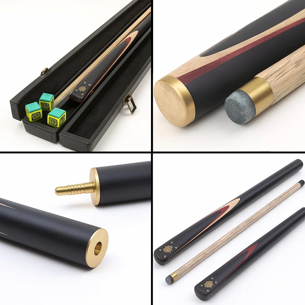 BCE Heritage Sapele Mahogany ¾ Cut Snooker Cue – końcówka 145 cm – 9,5 mm z przedłużeniem 15 cm i twardym etui + zestaw akcesoriów zawierający końcówki łosia ROS, kredę trójkątną i ręcznik Riley Cue.