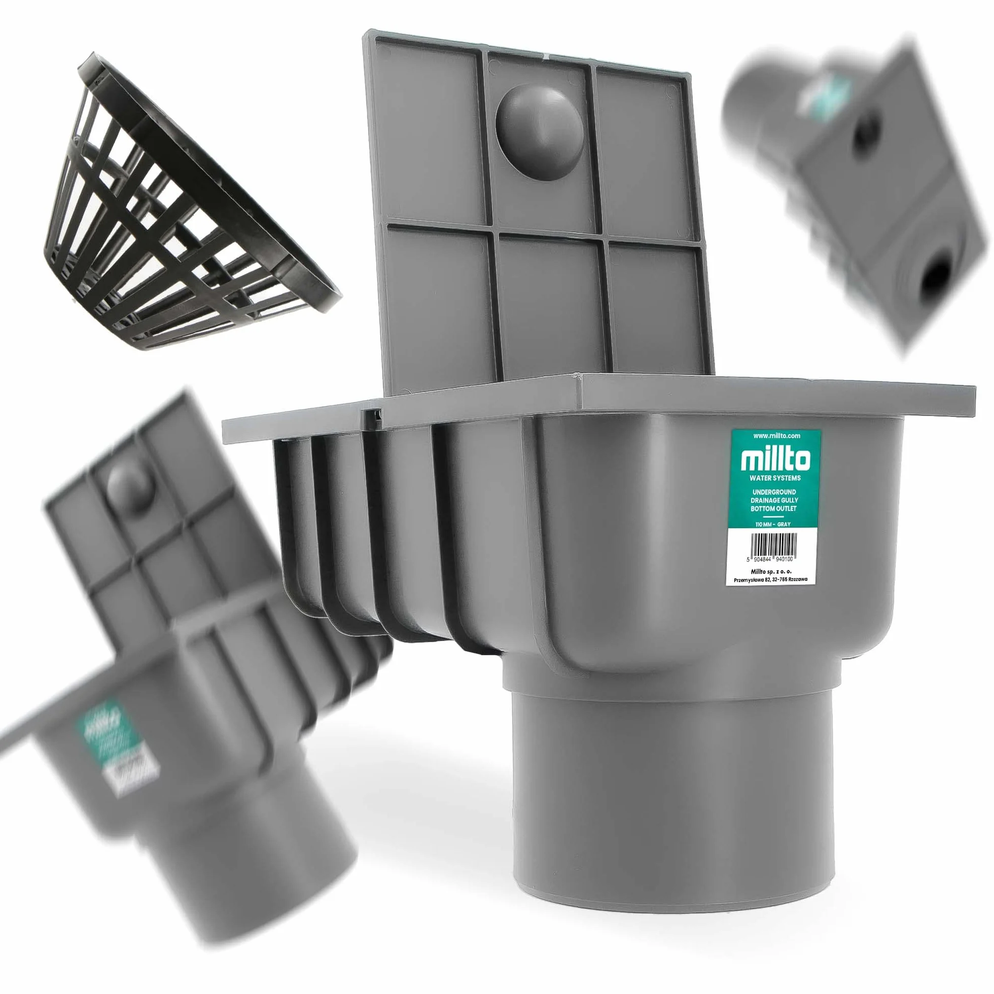 Millto™ Osadnik Rynny Dolny Czyszczak Rynnowy Studzienka Rewizja Plastikowa Rury Spustowej 110 mm Wpust z Pionowym Odpływem Deszczówki Sitko Odpływ Dachowy Szary
