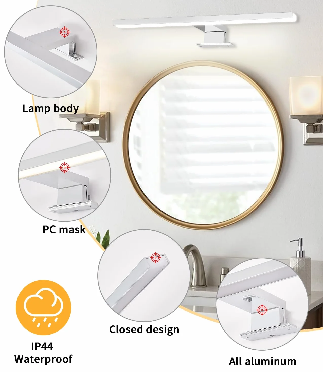 Nowoczesne oświetlenie łazienkowe LED Vanity, 4000K 6000K dwutonowa temperatura, 40cm 12W Wodoodporna aluminiowa lampa lustrzana z przełącznikiem okablowania, oświetlenie ścienne do makijażu łazience