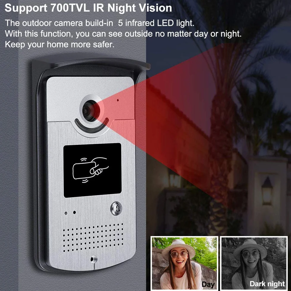 2 monitory domowy domofon wideo telefon drzwi system kontroli dostępu do kamery RFID 7'' kolorowe ekrany TFT obsługa odblokowywania EM + 10 szt. ID niebieski pilot (1 kamera 1 monitor)