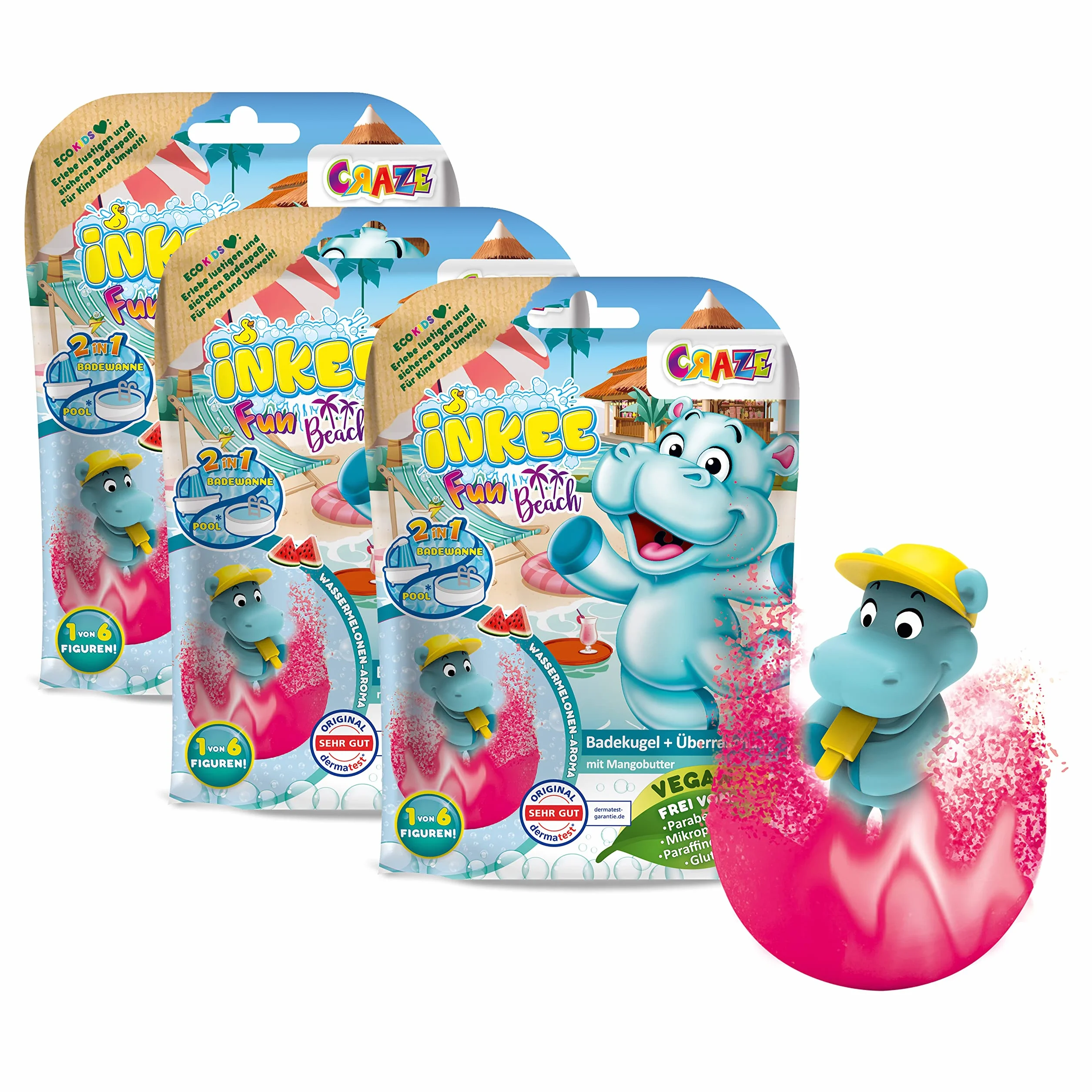 INKEE Fun Beach | Zestaw 3 Bomb do Kąpieli dla Dzieci z Figurkami Hipopotama, 3x Kule do Kąpieli z Niespodzianką, Aromat Arbuza, z Masłem Mango
