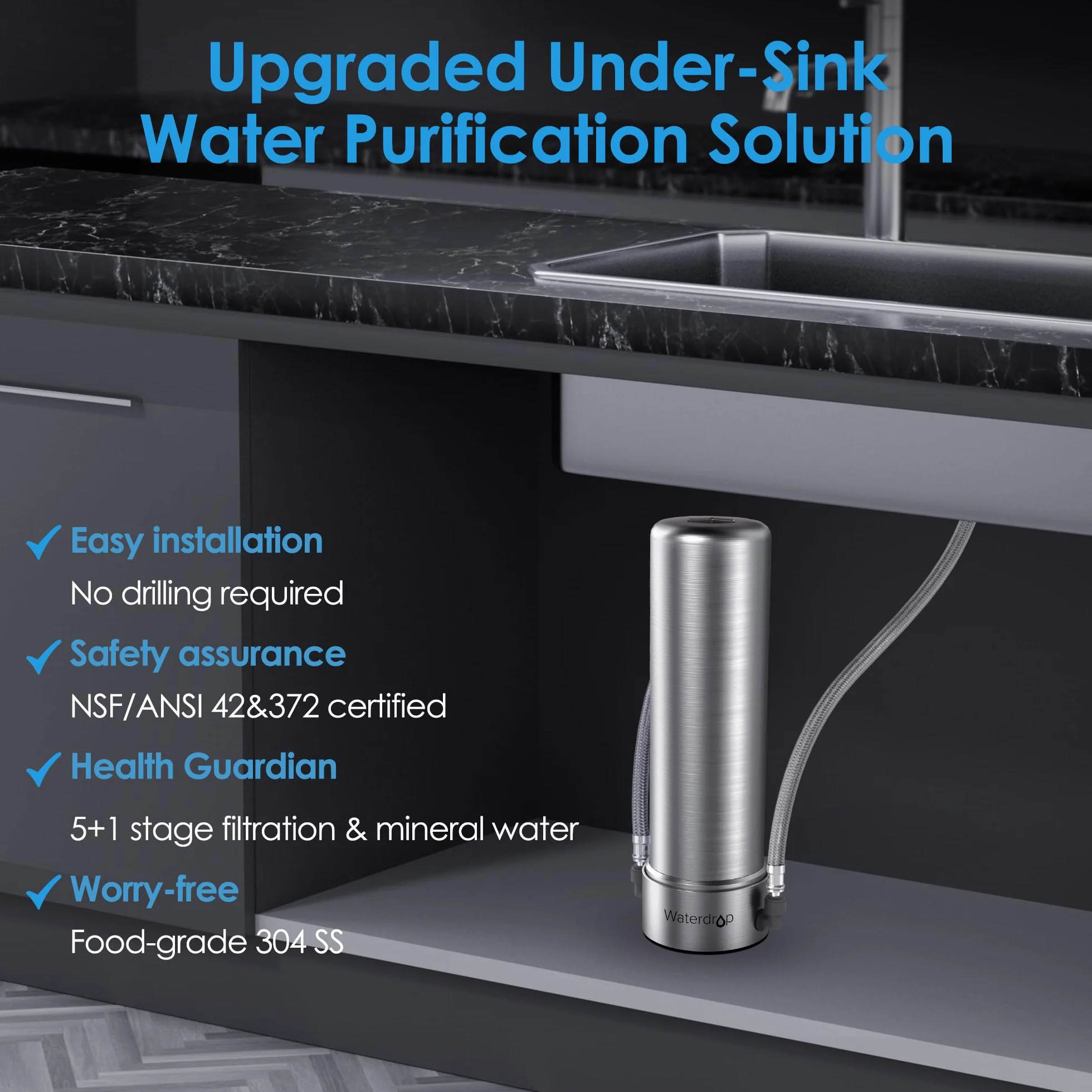 Waterdrop 10UB-MZ Remineralization Under Sink Water Filter System with Dedicated Faucet, 3/8’’-1/2’’ Connectors