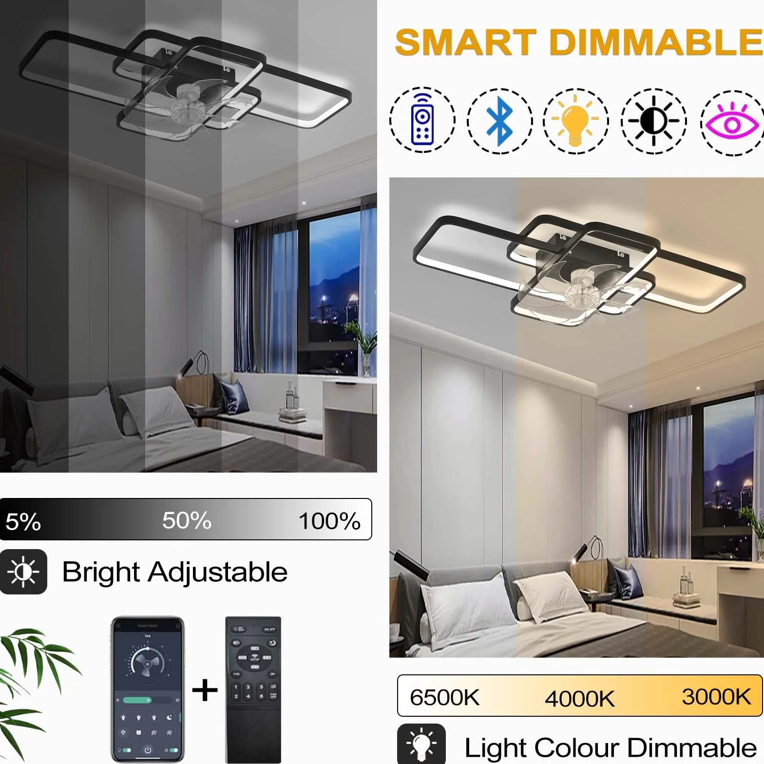 Cichy Wentylator Sufitowy z Oświetleniem LED 80W Ściemnialny z Pilotem 72CM Czarny