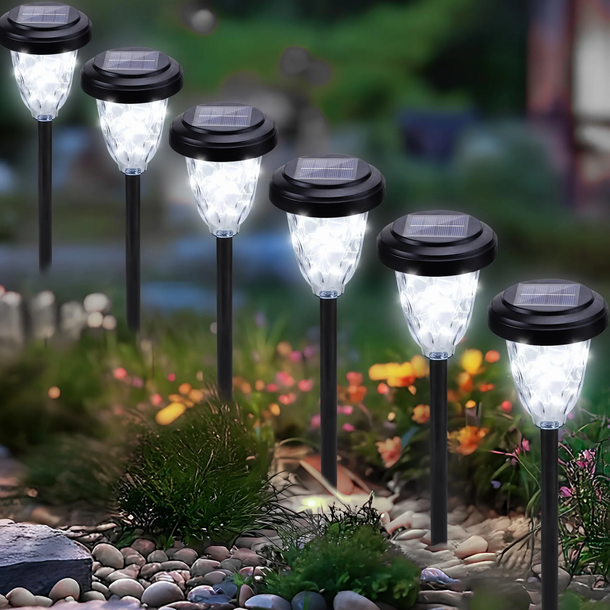 Lampy solarne ogrodowe 6 sztuk, zimna biel, IP65, dekoracja na balkon, trawnik, ścieżki