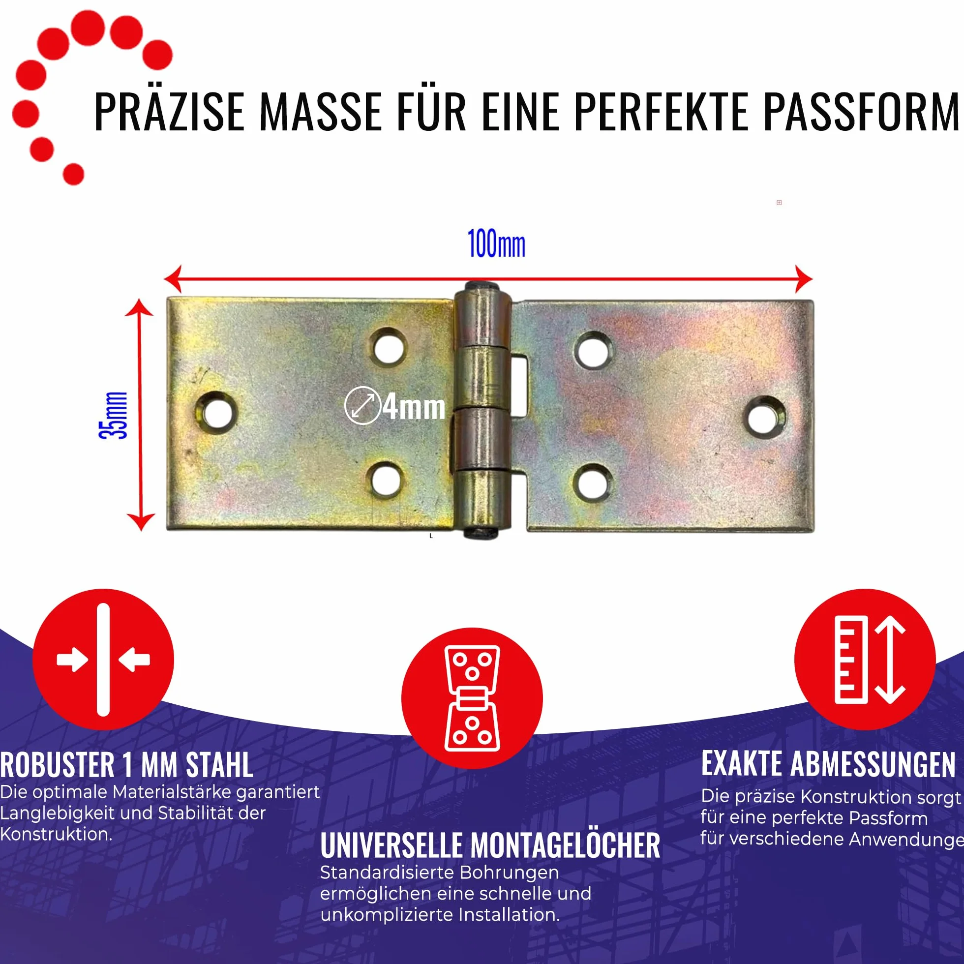 Chle-Mar – 10x Ocynkowany zawias budowlany 35x100mm | Wytrzymały zawias drzwiowy do mebli i drzwi drewnianych | Zawias do skrzyń i szafek | Odporny na warunki atmosferyczne - do wnętrz i na zewnątrz