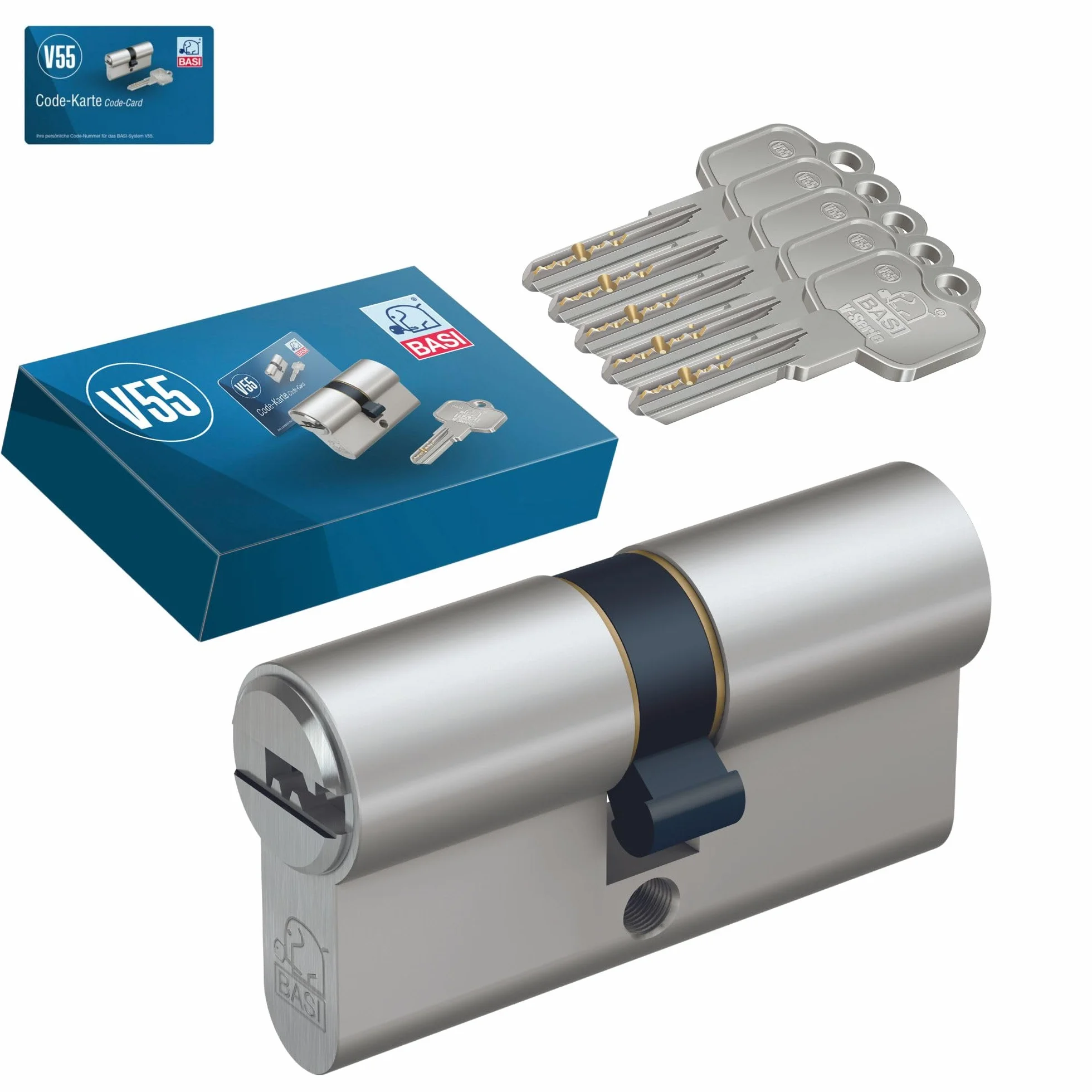 BASI V55 profilowany podwójny cylinder 35/35 mm zamek bębenkowy z 5 kluczami dwustronnymi i kartą kodową ochrona przed wierceniem