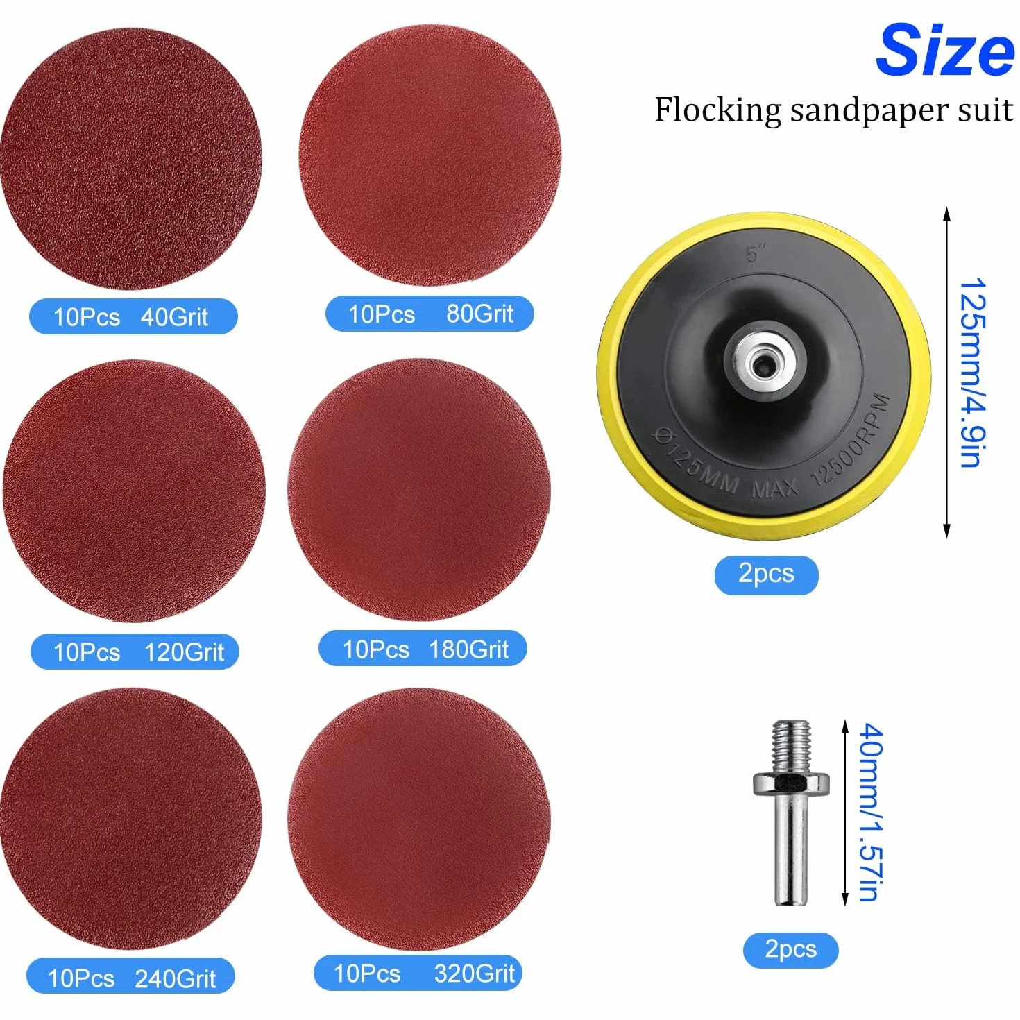 Papier Szlifierski 125 mm 40-320 Grit, 60 Arkuszy, 2 Talerze Podporowe, M14 Tarcze Szlifierskie na Rzep do Szlifierek Kątowych