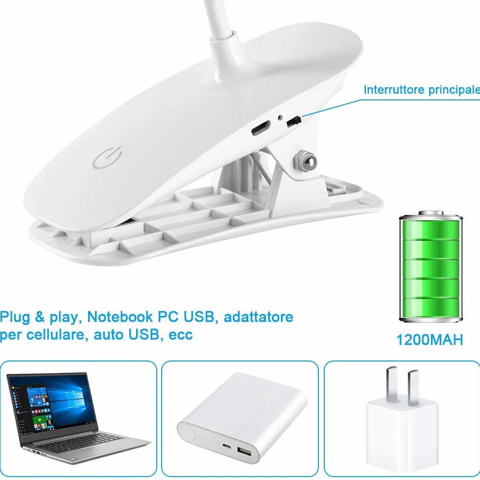 Lampa z klipsem LED 3 tryby świecenia USB sterowanie dotykowe lampka nocna biurkowa biała