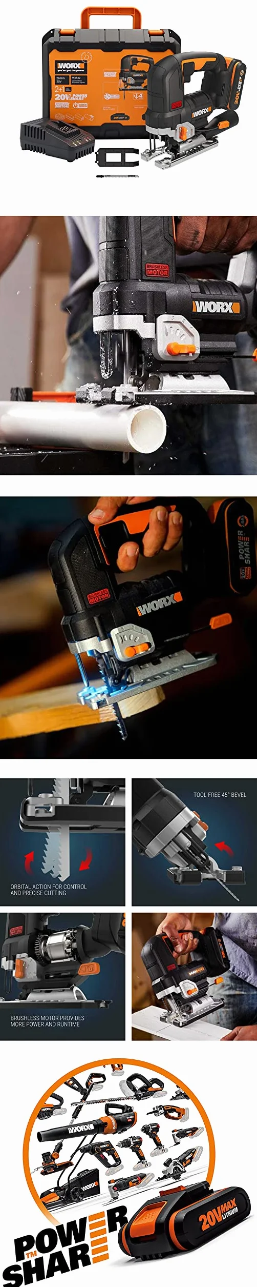 WORX Nitro WX542 akumulatorowa wyrzynarka wahadłowa 20 V silnik bezszczotkowy z adapterem ssącym