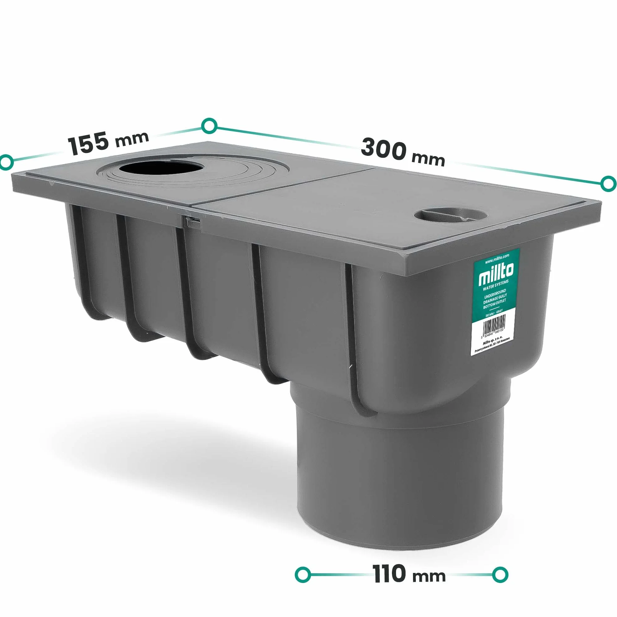 Millto™ Osadnik Rynny Dolny Czyszczak Rynnowy Studzienka Rewizja Plastikowa Rury Spustowej 110 mm Wpust z Pionowym Odpływem Deszczówki Sitko Odpływ Dachowy Szary