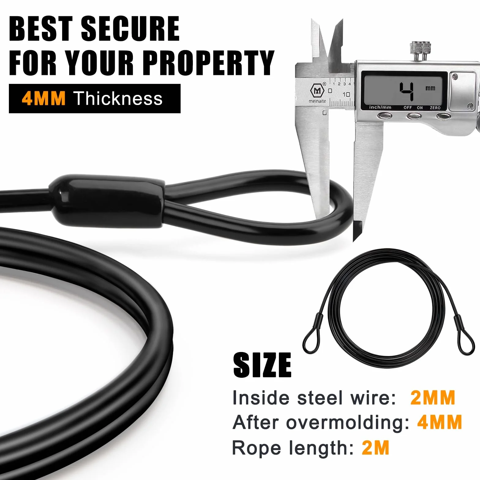Kabel antykradzieżowy do rowerów, stalowy 4 mm z powłoką PCW, czarny